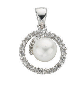 9ct White Gold 0.10ct Diamond & Freshwater Pearl Pendant - 9ct Gold