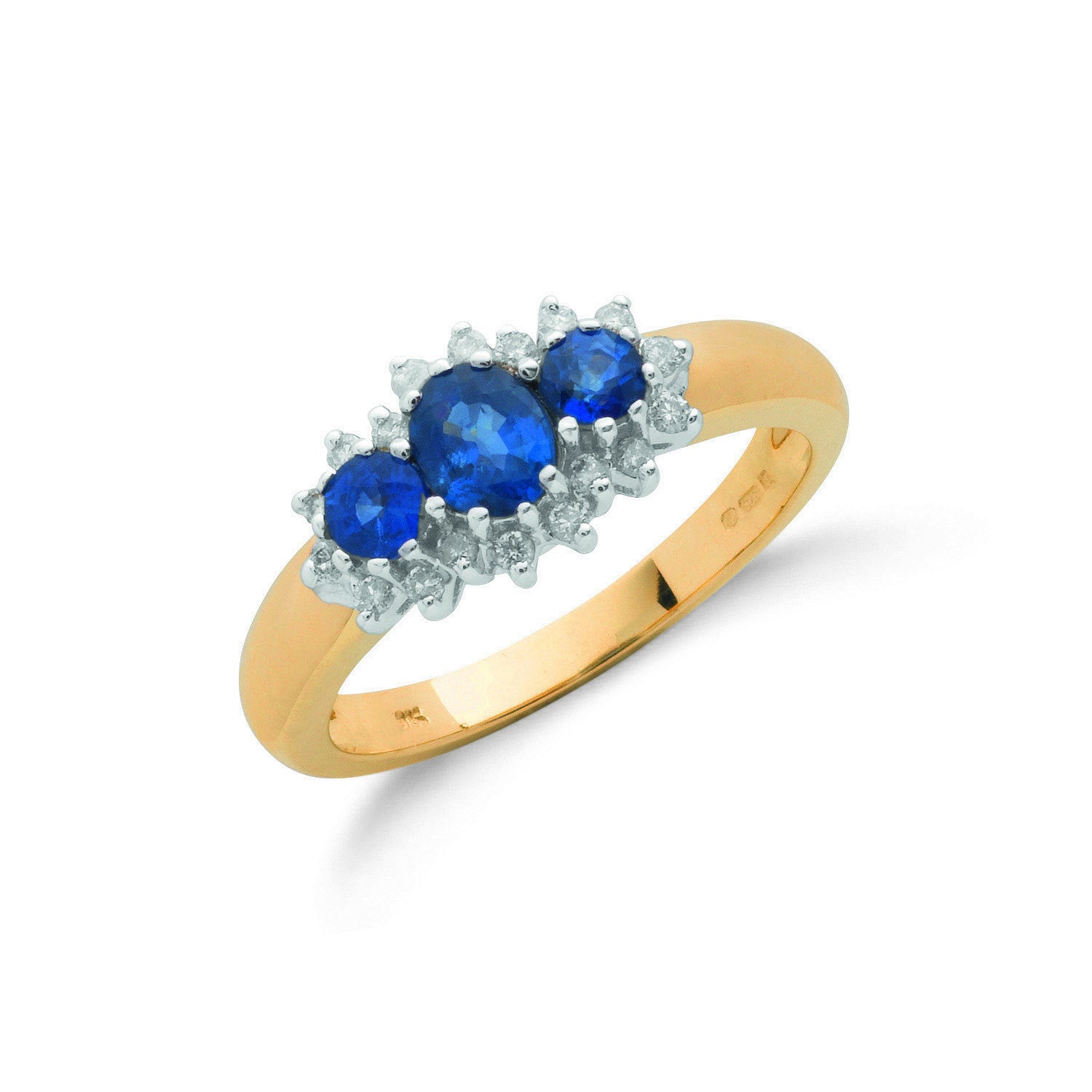 Bague grappe en or jaune 9 carats avec diamant 0,18 carat et saphir 0,90 carat - Or 9 carats