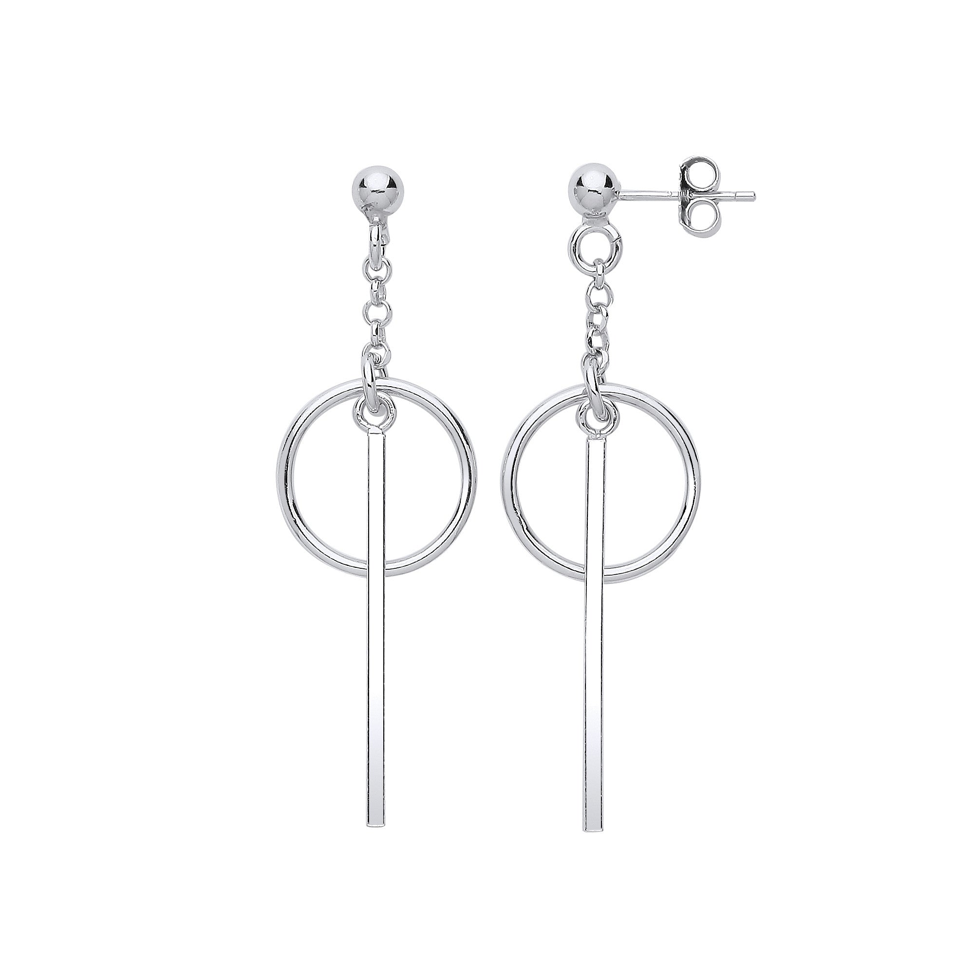 Silver Pin & Circle Drop Earrings - Silver