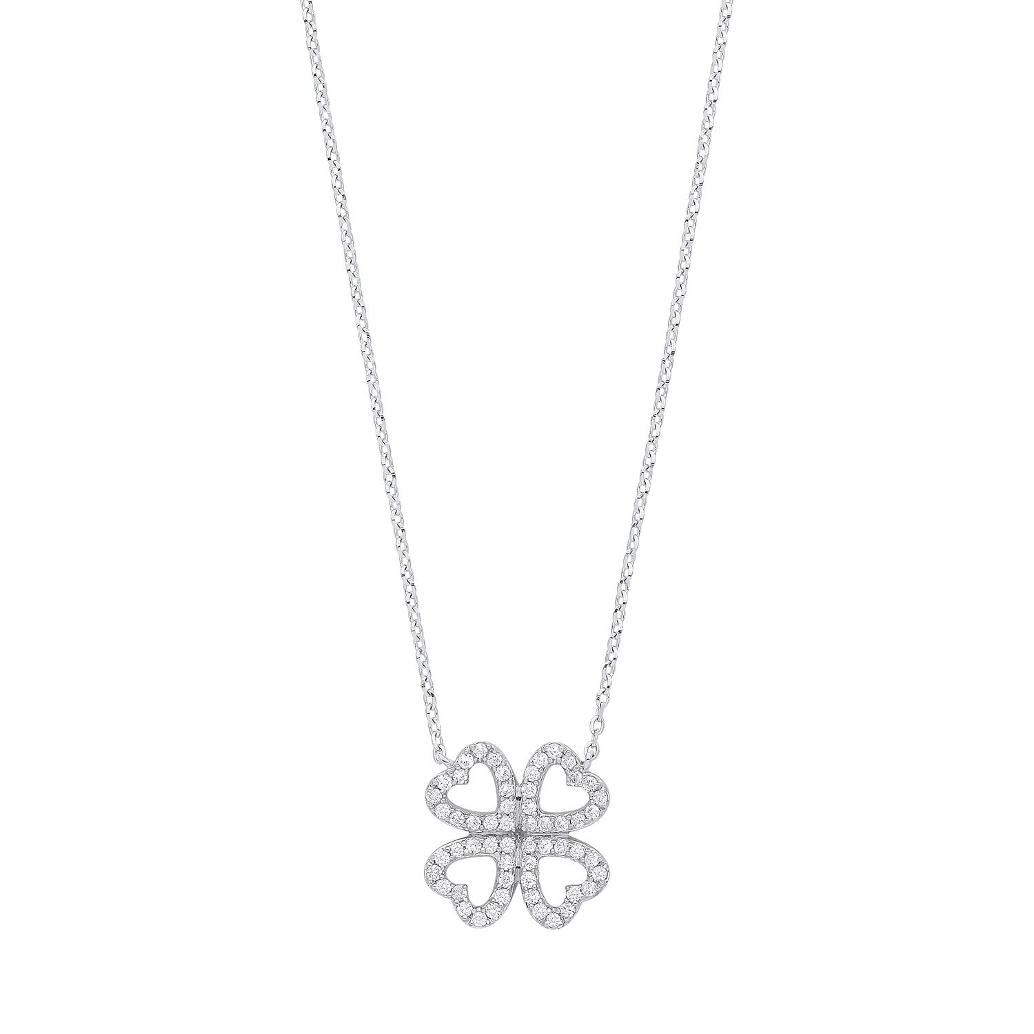 9ct White Gold 0.18ct Diamonds Four-leaf Clover (18in/45cm) Chain - 9ct Gold