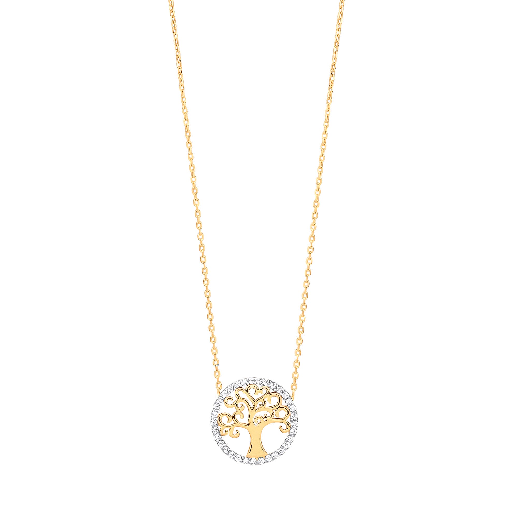 Yellow Gold Tree of Life Cubic Zirconia, 18" Necklace - 9ct Gold