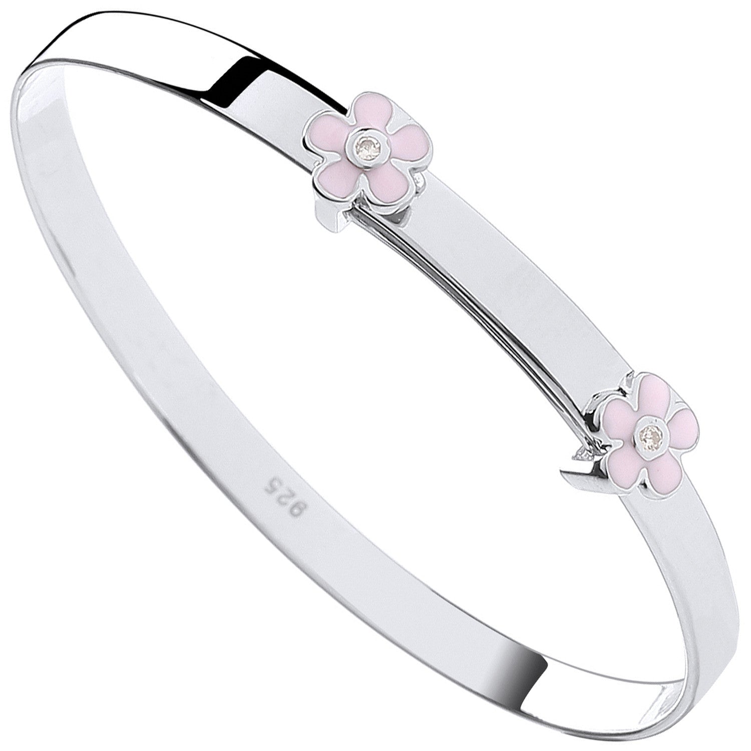 Silver Pink Enamel & Cubic Zirconia Flowers Expandable Baby Bangle - Silver