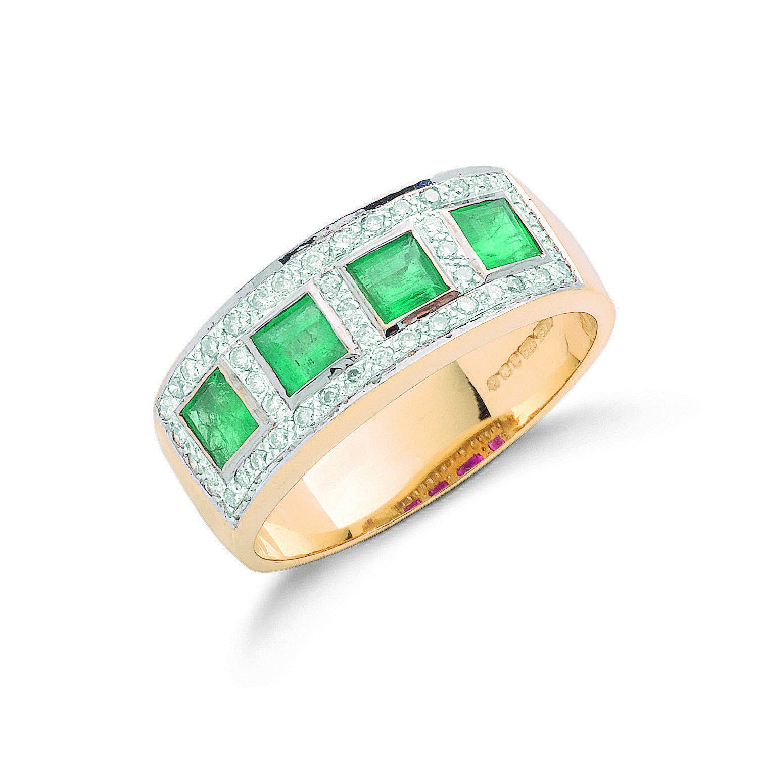 Bague éternité en or jaune 9 carats avec diamants de 0,22 carat et émeraudes de 0,50 carat - Or 9 carats