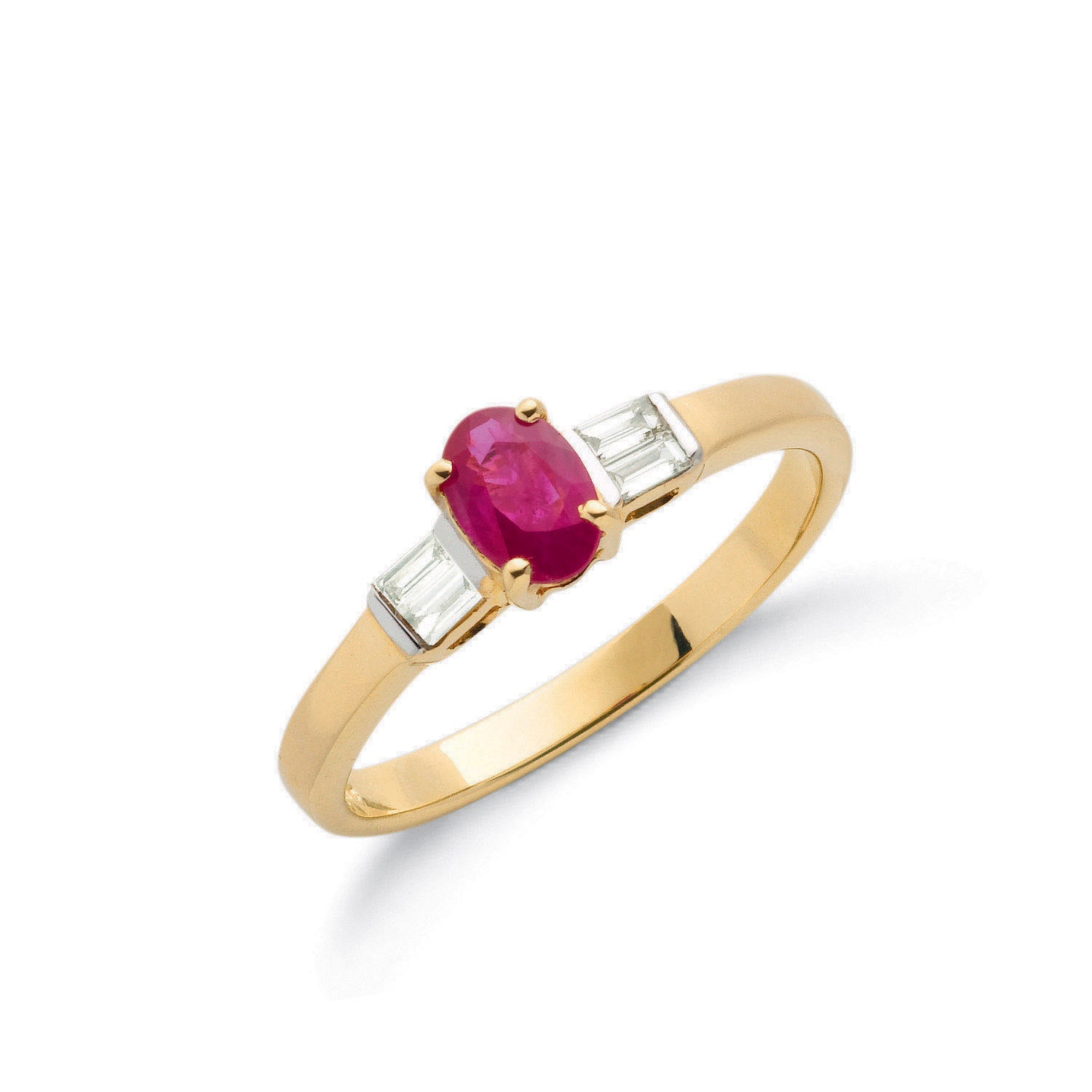 9ct Yellow Gold Baguette Cut 0.11ct Diamond & 0.60ct Ruby Ring - 9ct Gold