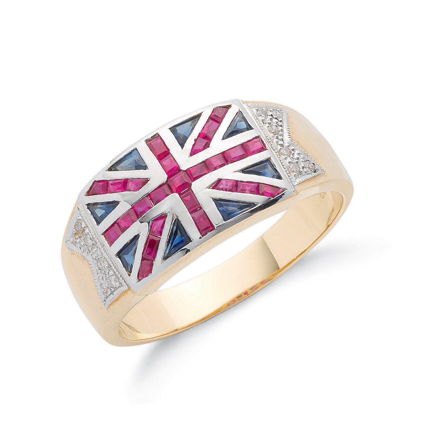 9ct Yellow Gold 0.06ct Diamond 0.30ct Blue Sapphire &1.00ct Ruby Union Jack Ring - 9ct Gold