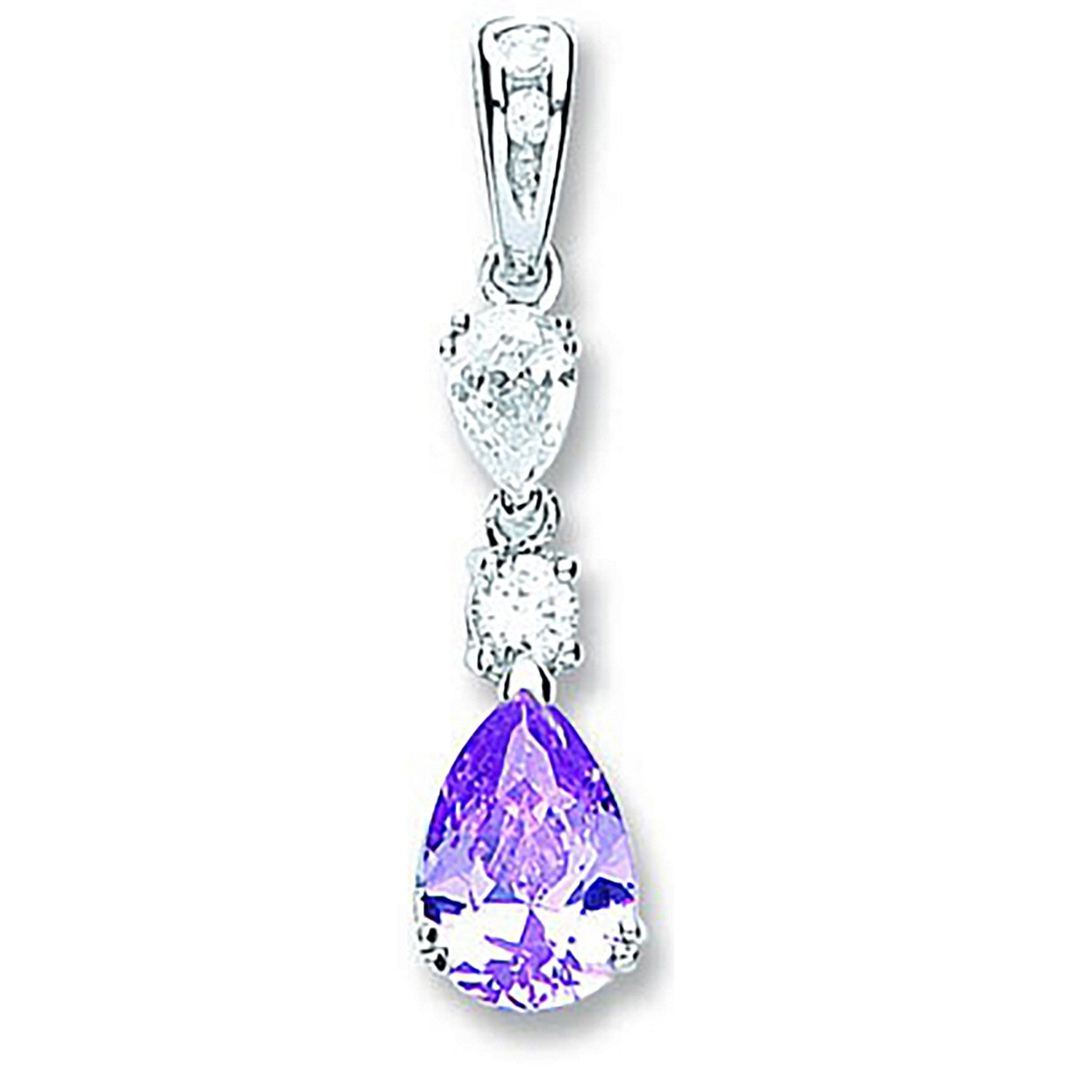 Silver Purple & Clear Pear Shaped Cubic Zirconia Drop Pendant - Silver