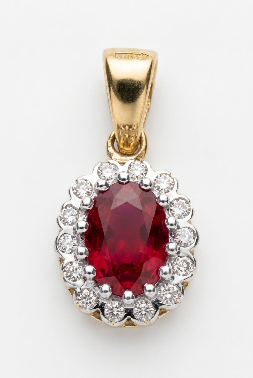9ct Yellow Gold 0.12ct Diamond & 0.90ct Ruby Pendant