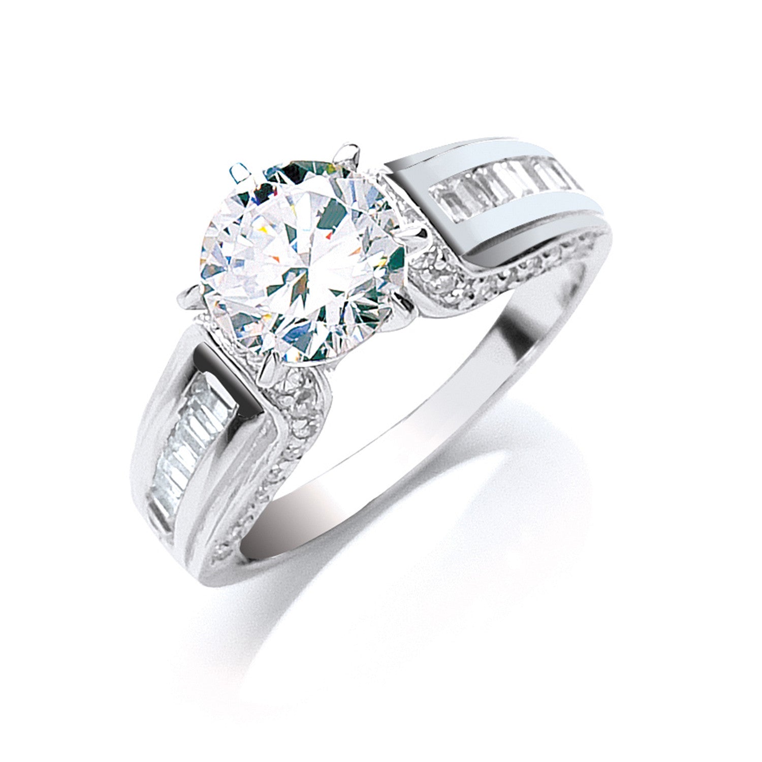 Silver Claw Set Cubic Zirconia Solitaire Baguette SidesRing - Silver