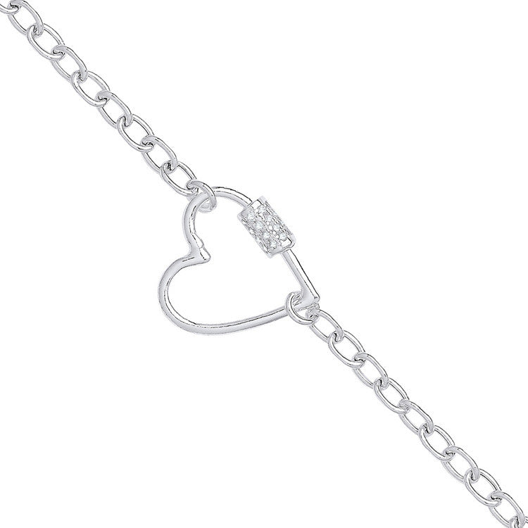 Silver Oval Link Chain , Heart Cubic Zirconia Charm Bracelet - Silver