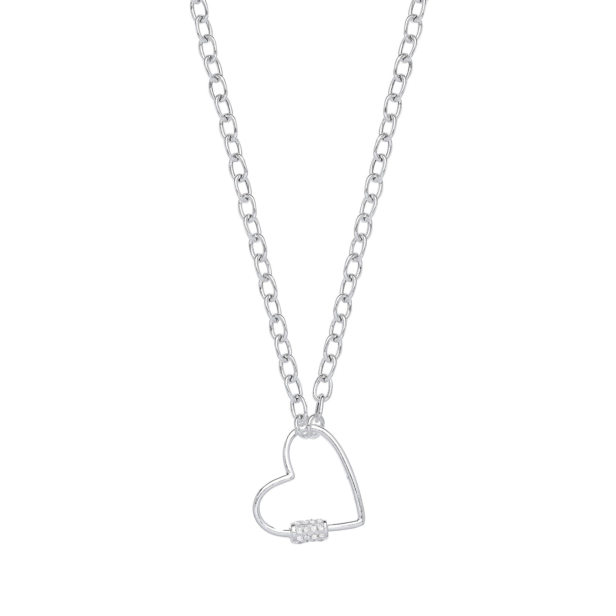 Silver Oval Link Chain , Heart Cubic Zirconia Charm Necklace - Silver