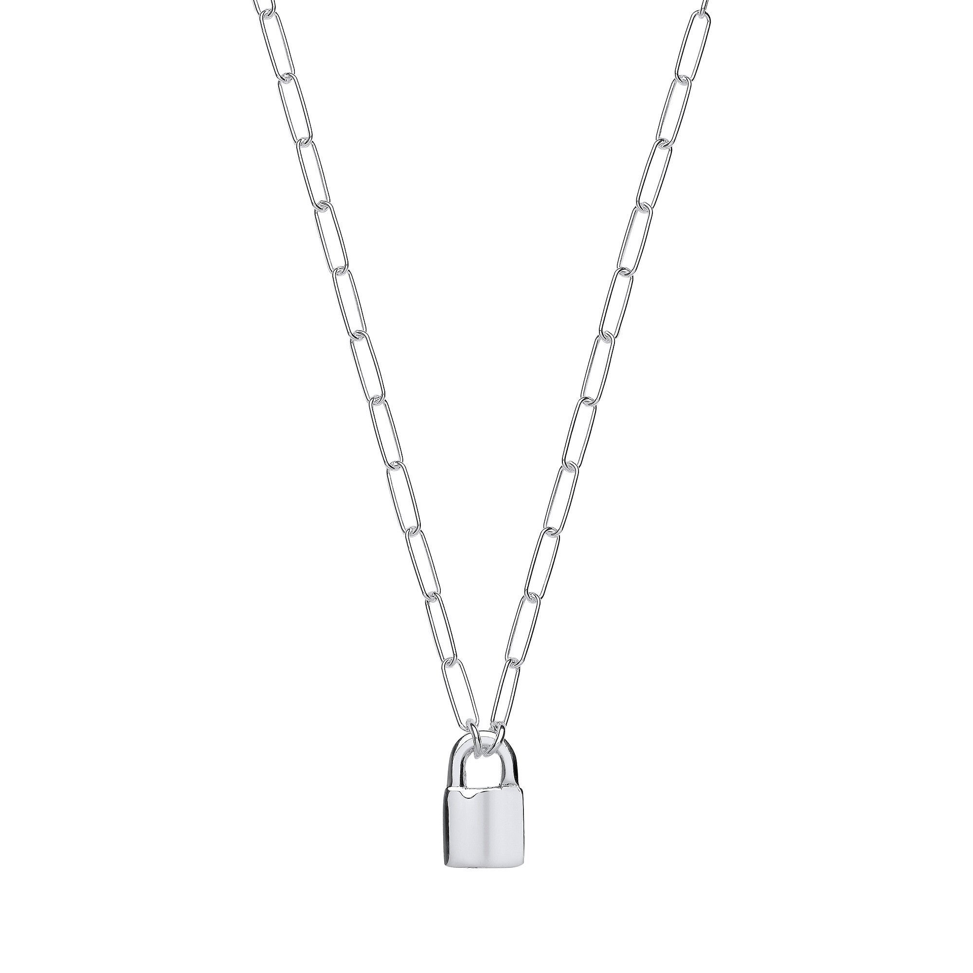 Silver Paper Clip Chain , Padlock Necklace - Silver