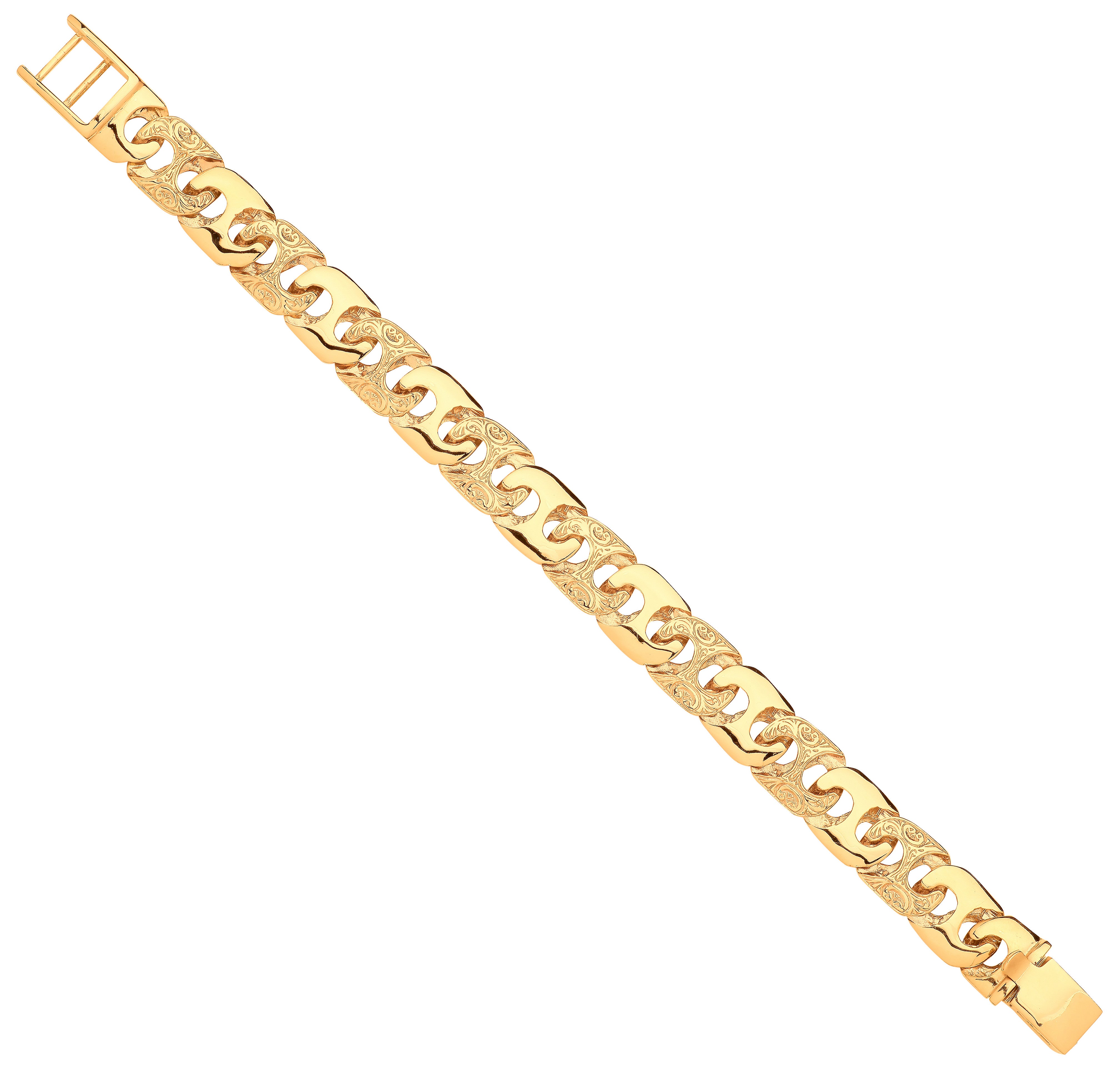 Yellow Gold 14mm Plain & Engraved Anchor Medium Link Gents Bracelet