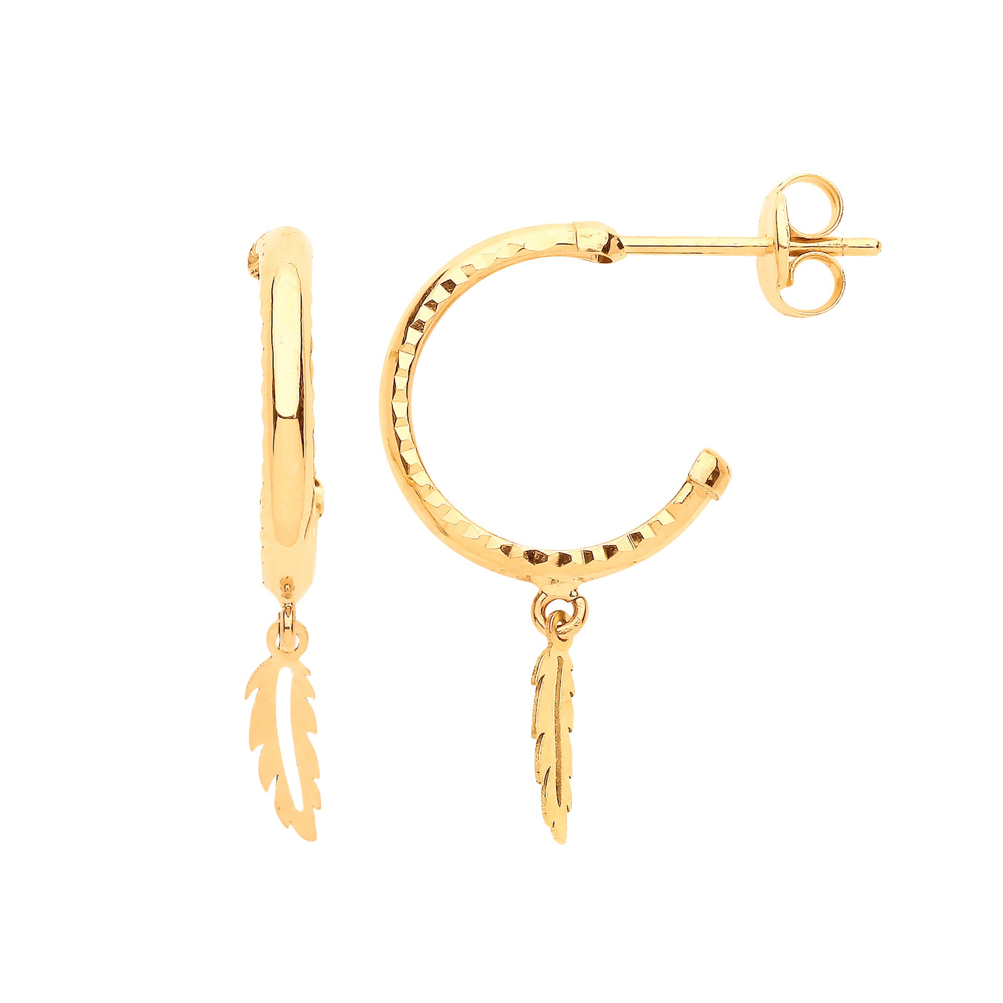 9ct Yellow Gold D/C Hoop Studs with Feather Drop - 9ct Gold