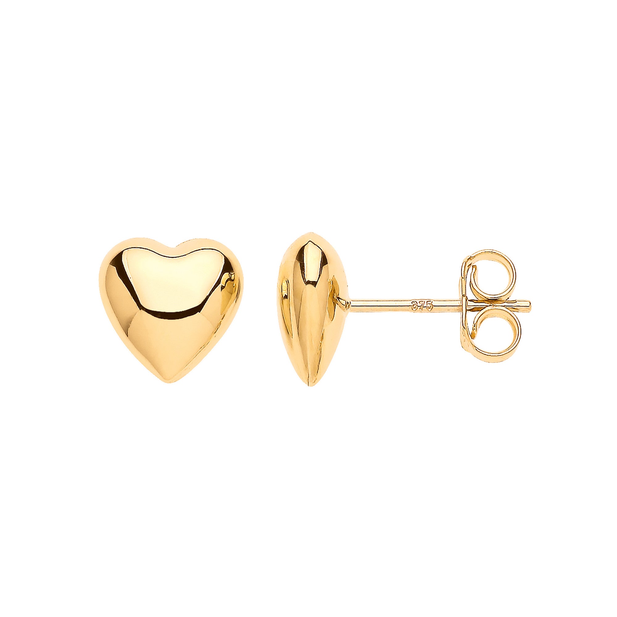Yellow Gold Puffed Heart Stud Earrings - 9ct Gold