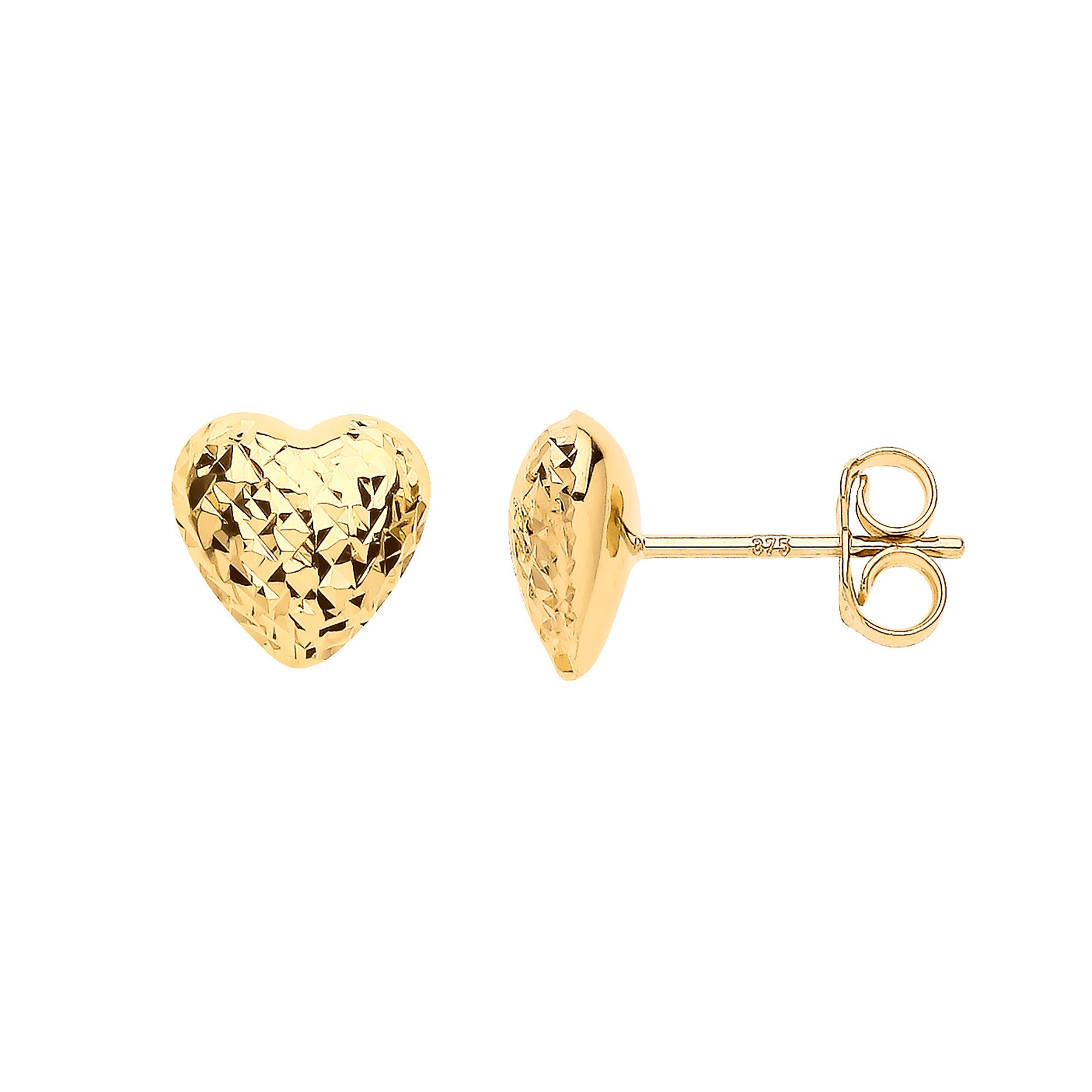 Yellow Gold Puffed D/C Heart Stud Earrings - 9ct Gold