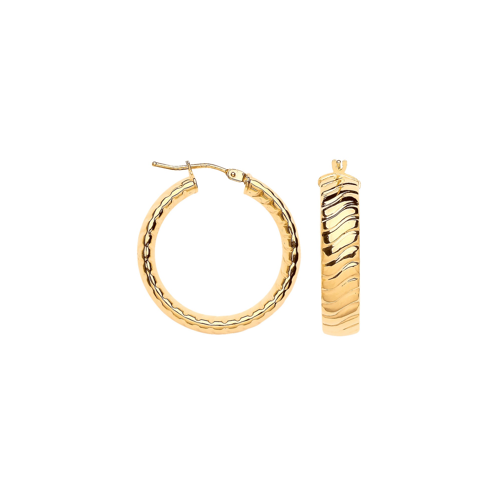 Yellow Gold 25mm Wavy Ribbed Hoop Earrings - 9ct Gold