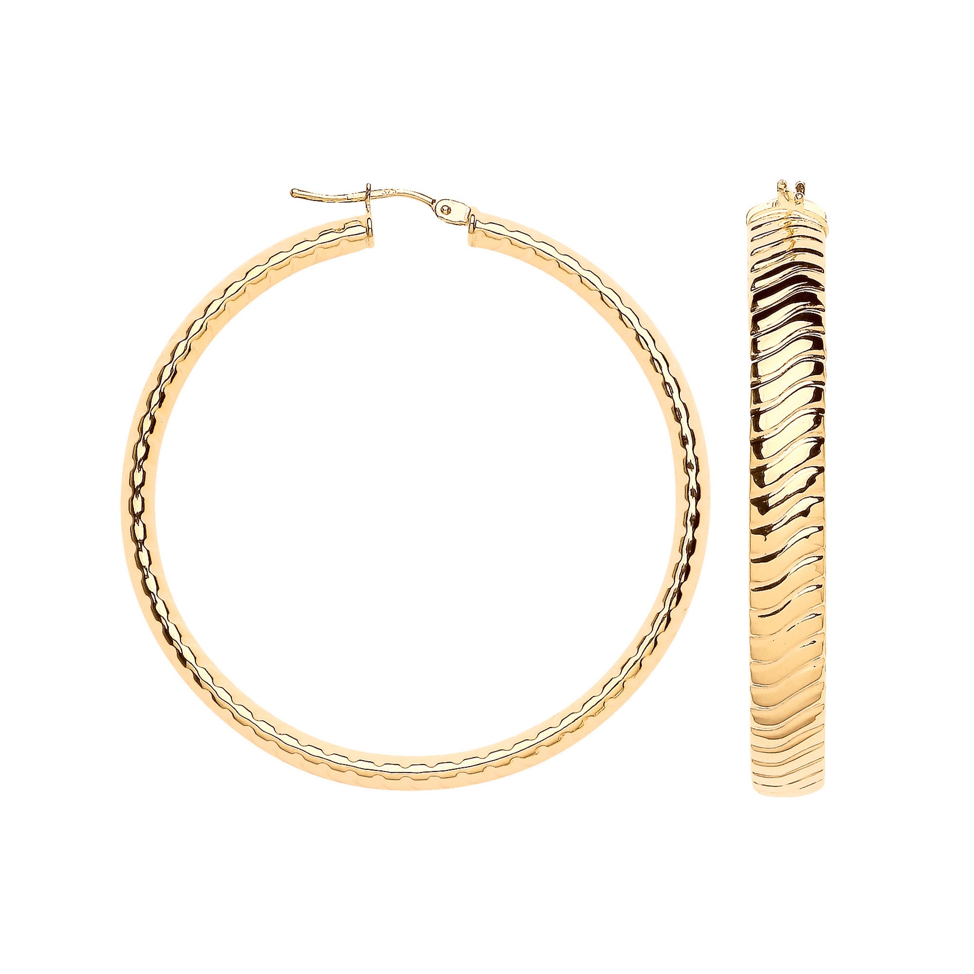 Yellow Gold 46mm Wavy Ribbed Hoop Earrings - 9ct Gold