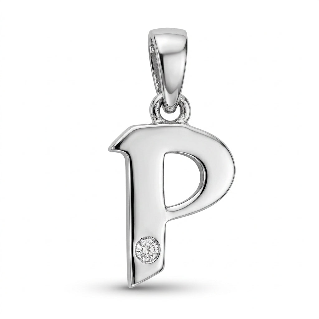 9ct White Gold 0.01ct Diamond P Initial