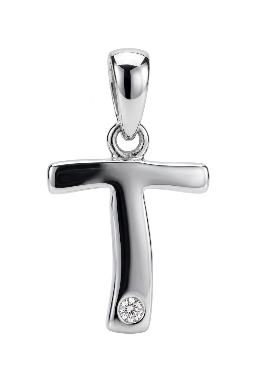 9ct White Gold 0.01ct Diamond T Initial