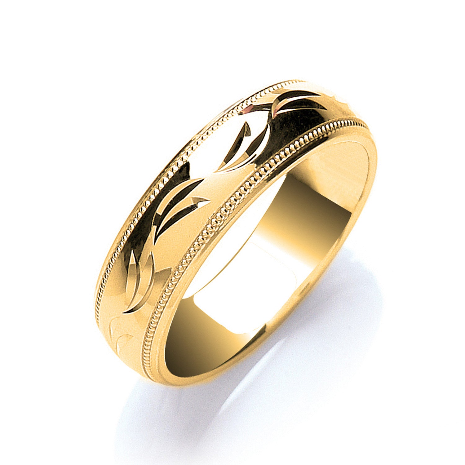 6mm Court Millgrain Edge & D/C Design Wedding Band - 9ct Gold