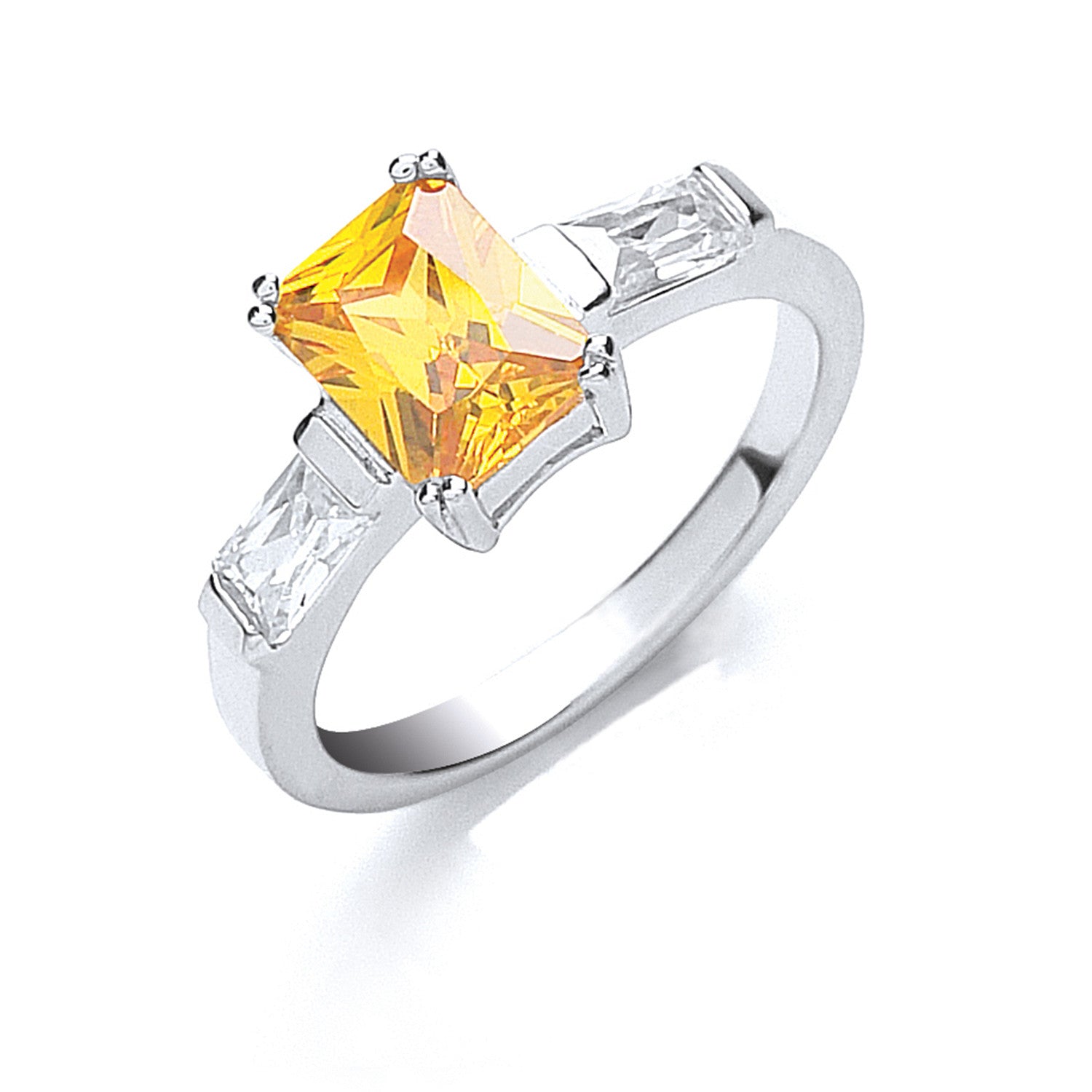 Silver Claw Set Amber Cubic Zirconia Solitaire Ring - Silver