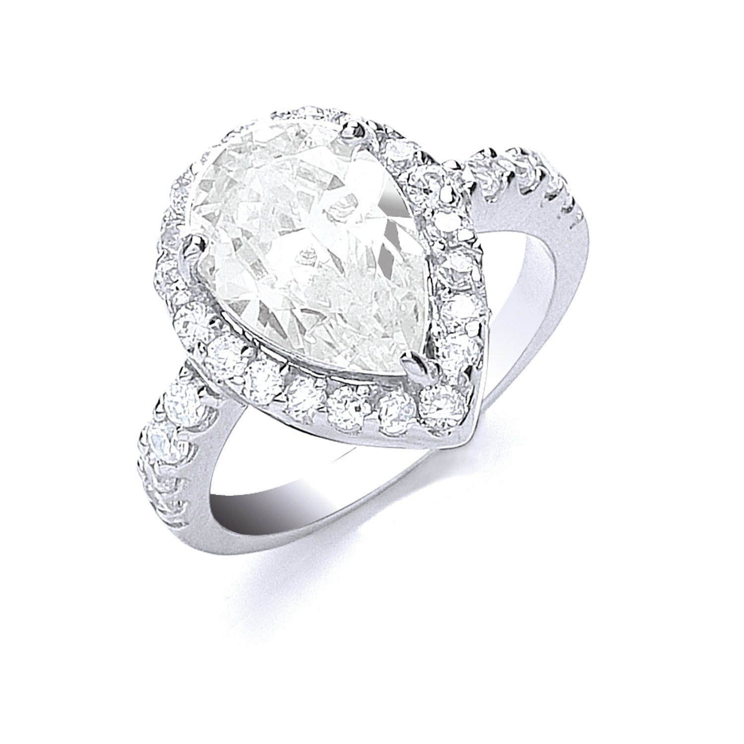 Silver Claw Set Pear Shape Centre Cubic Zirconia Ring - Silver
