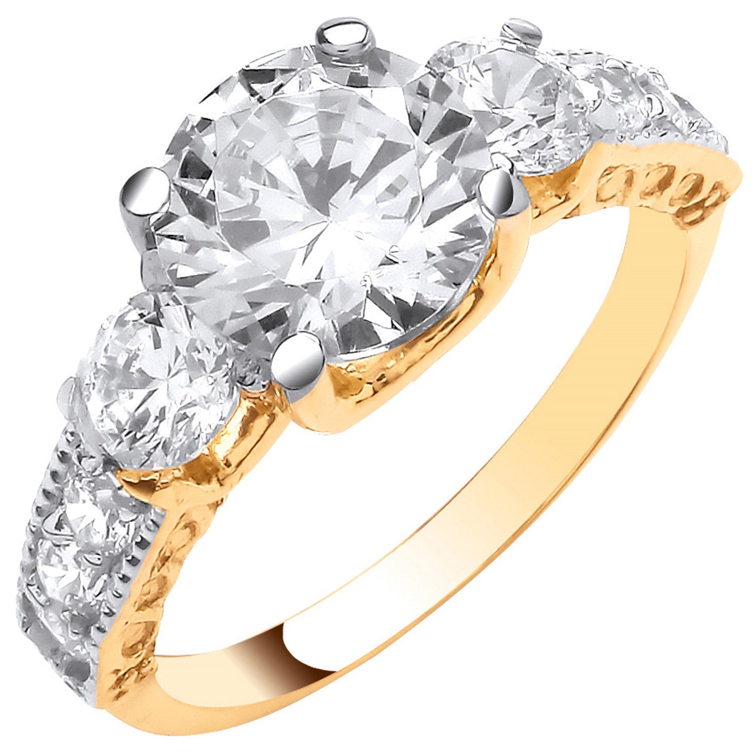 Yellow Gold Graduated Trilogy Ring with Shoulder Cubic Zirconias - 9ct Gold