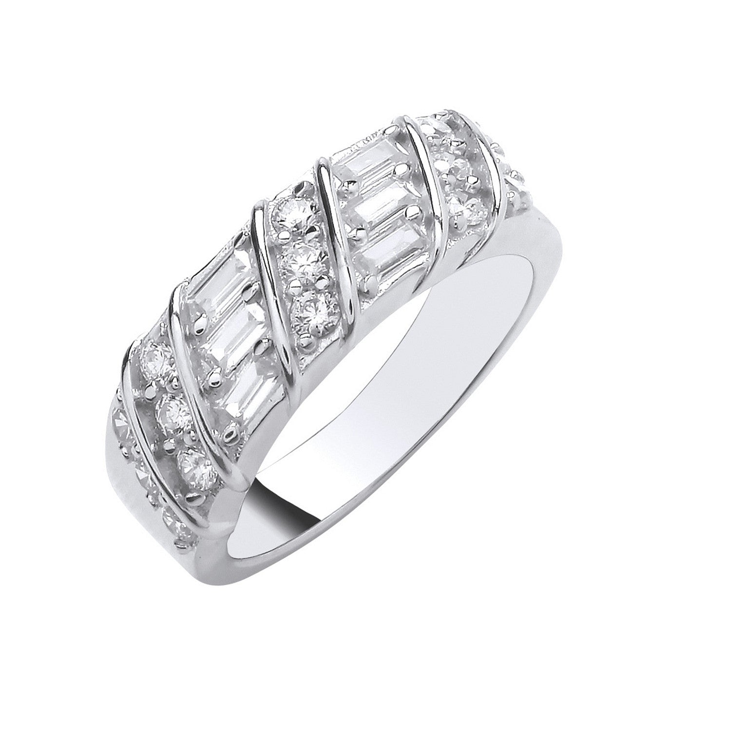 Silver Baguette & Round Cubic Zirconias Half ET Ring - Silver