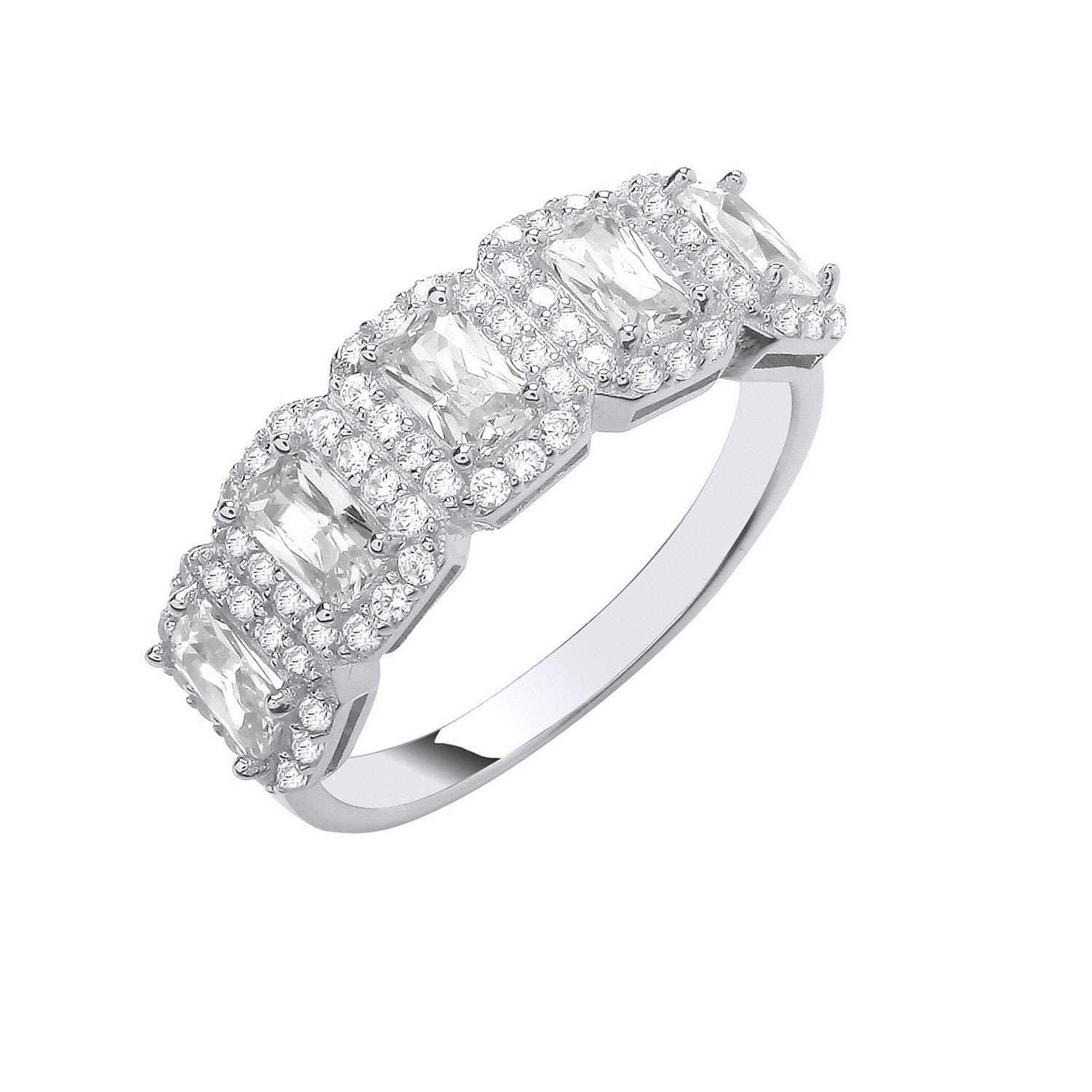 Silver 5 Emerald Cut Cubic Zirconias Halo Ring - Silver