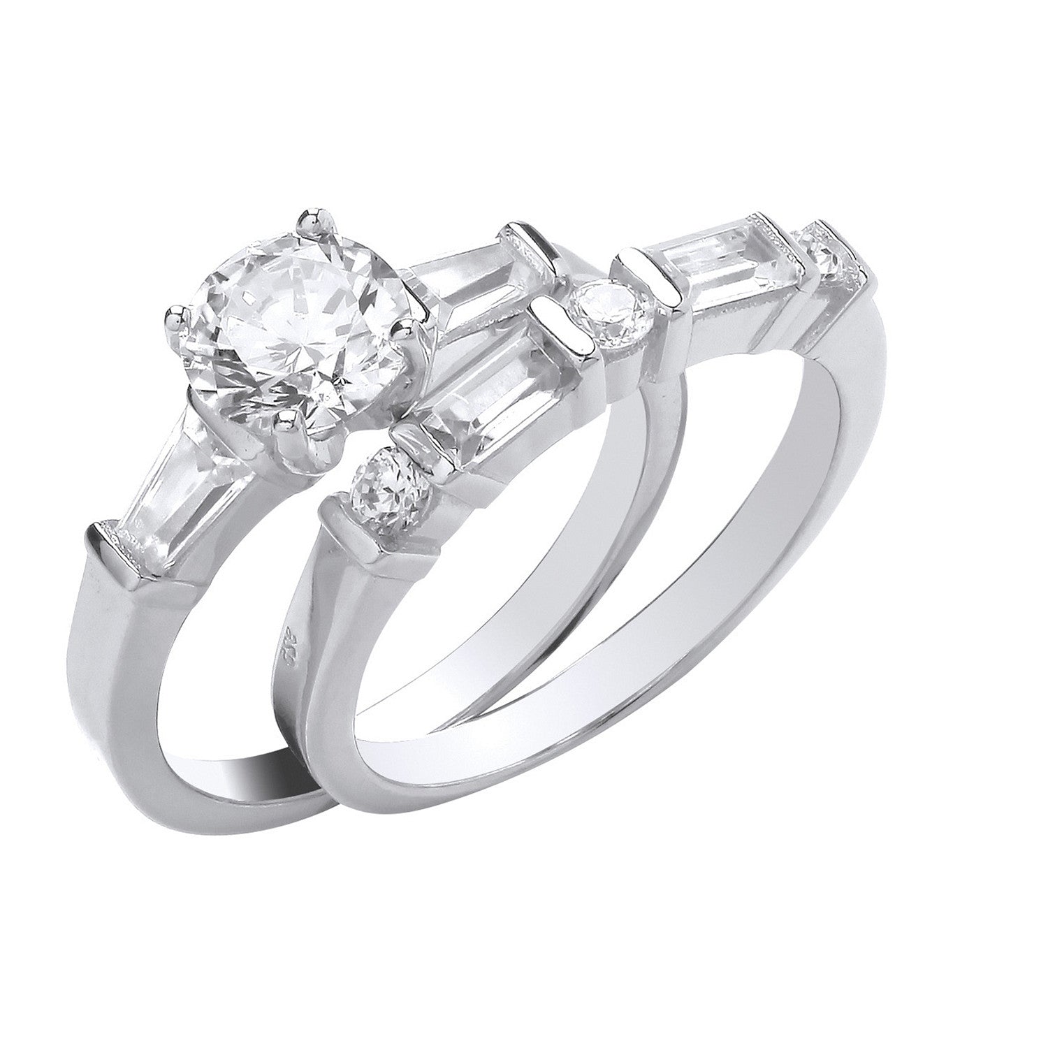 Silver Round and Baguette Cubic Zirconia Bridal Set Rings - Silver