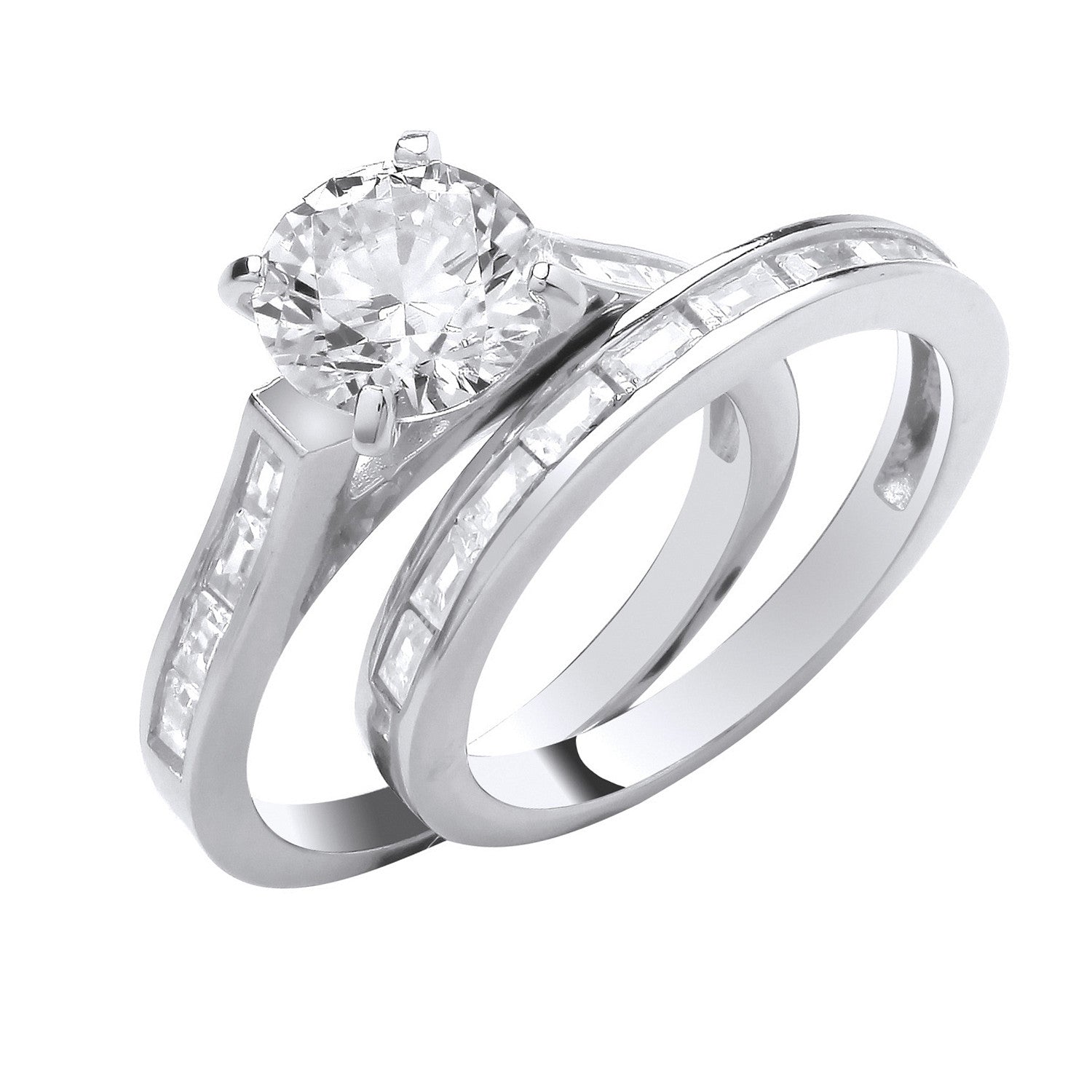 Silver Round & Baguette 8mm Centre Cubic Zirconia Bridal Set Rings - Silver