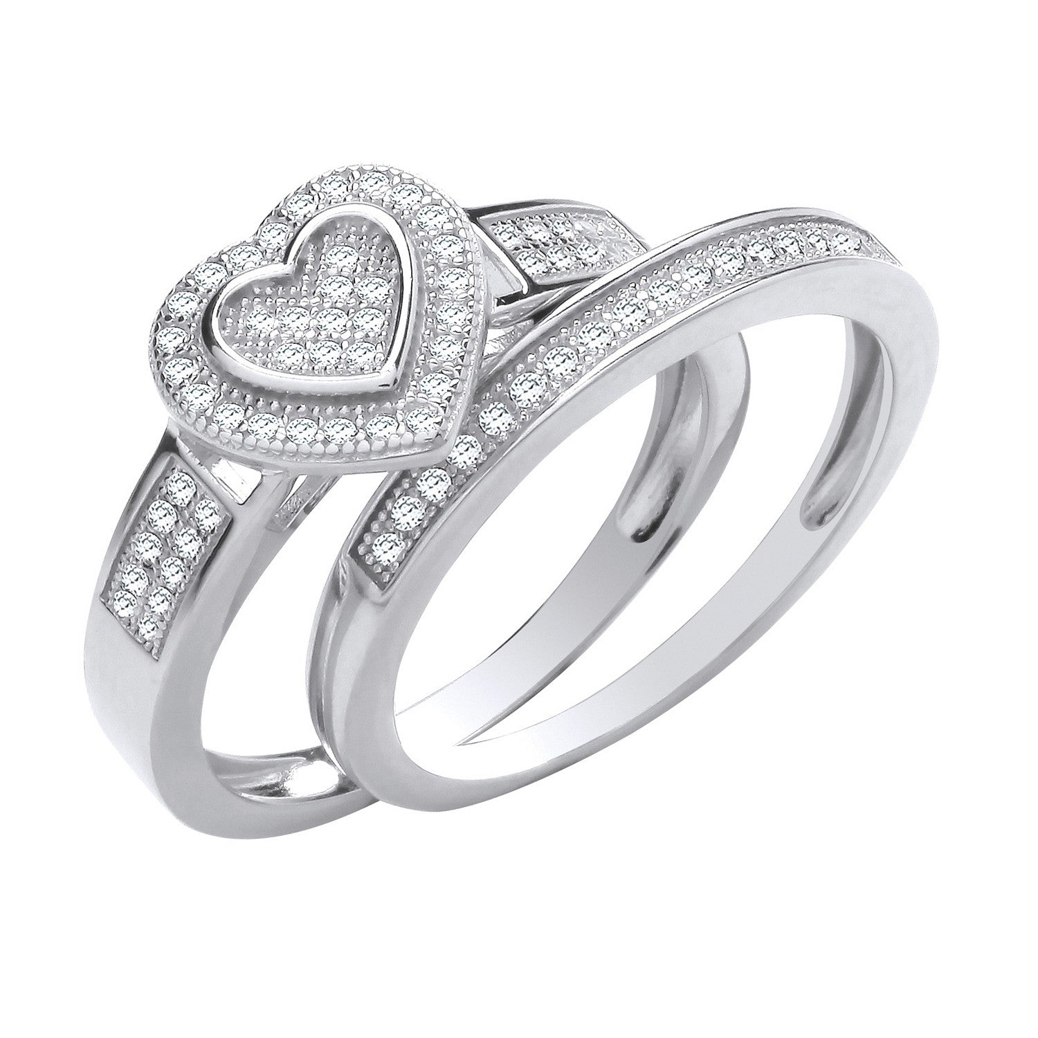 Silver Heart Bridal Set Cubic Zirconia Rings - Silver