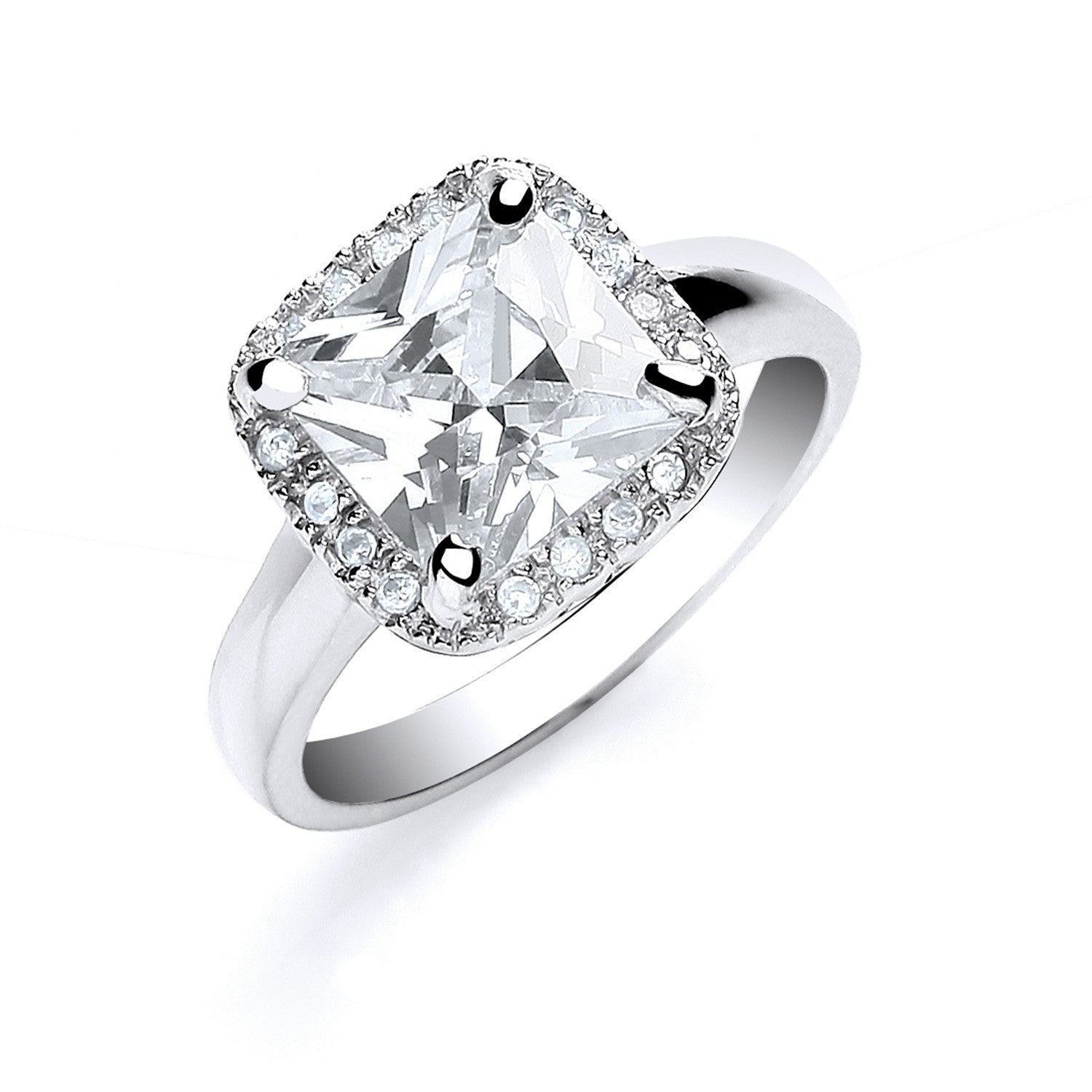 Silver Asscher Cut with Cubic Zirconia Surrounding Ring - Silver