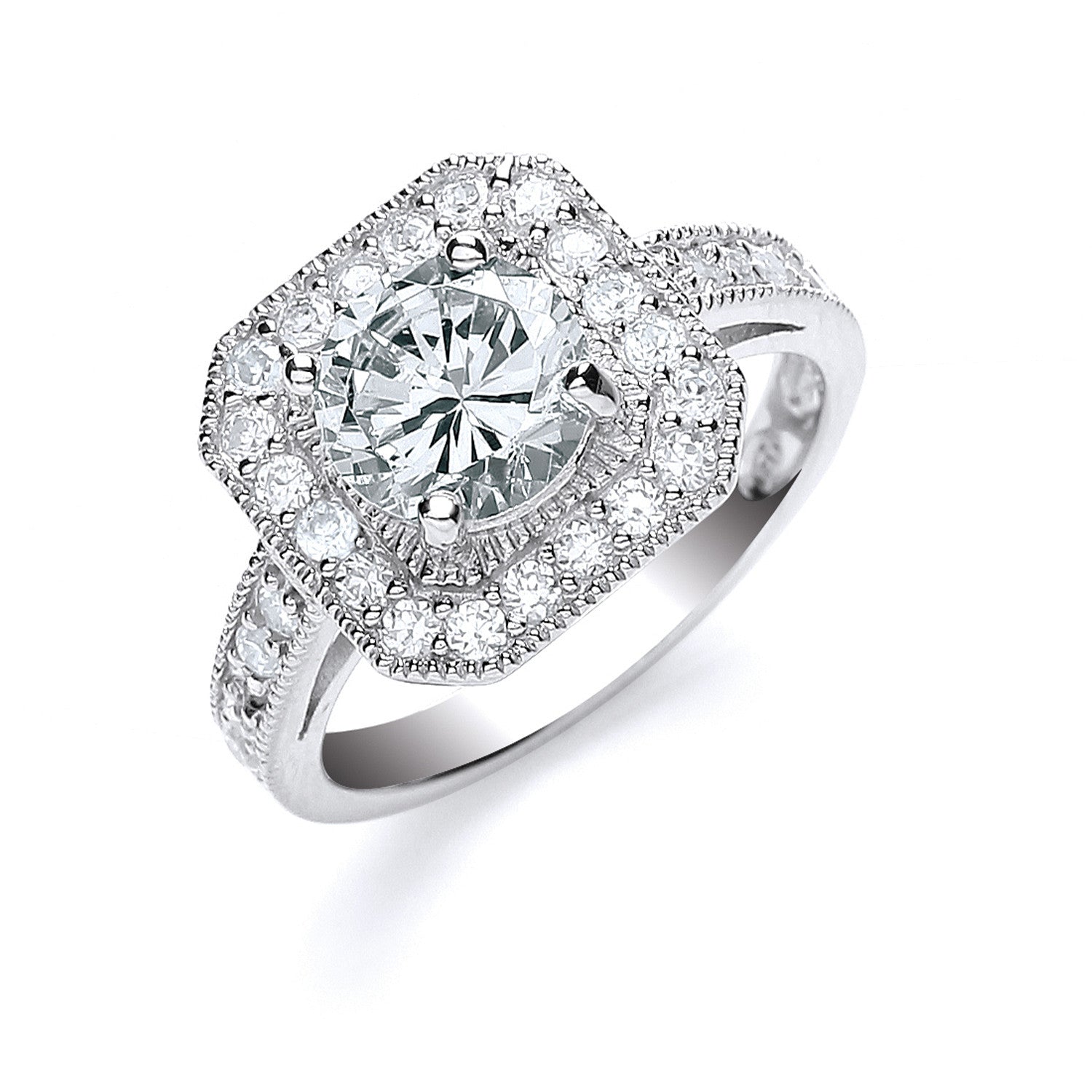 Silver Round Cut with Cubic Zirconia Surrounding & Shoulders Ring - Silver