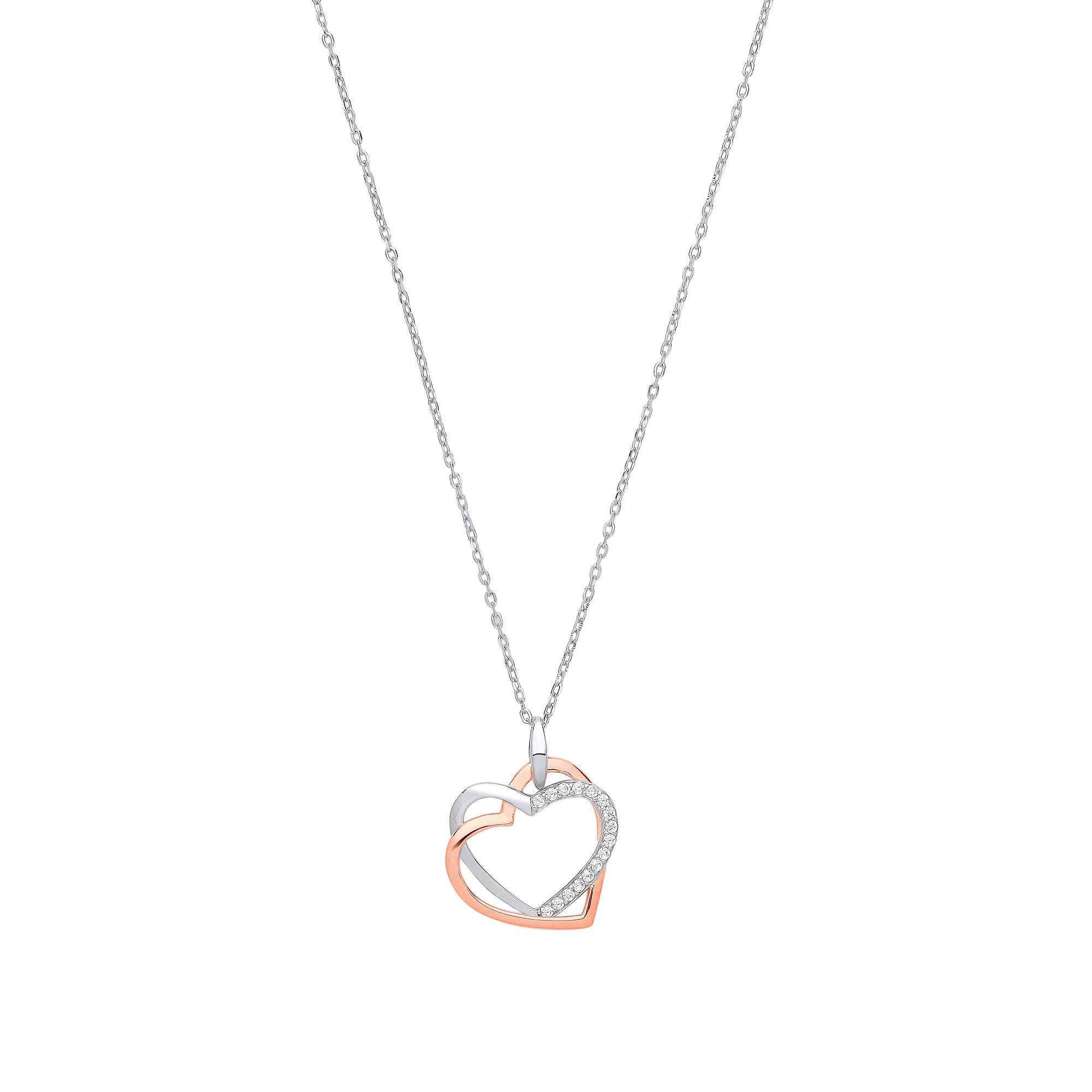 Silver Rose Gold Plated Cubic Zirconia Hearts Charm Necklace - Silver