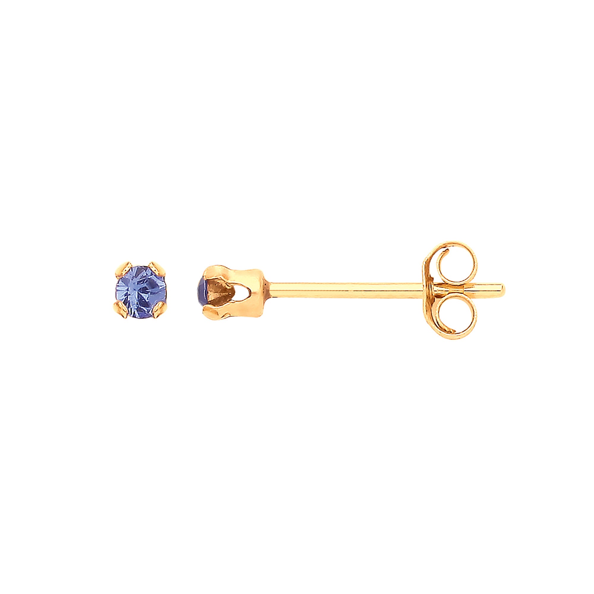 9ct Yellow Gold 2mm Claw Set Blue Crystal Studs - 9ct Gold