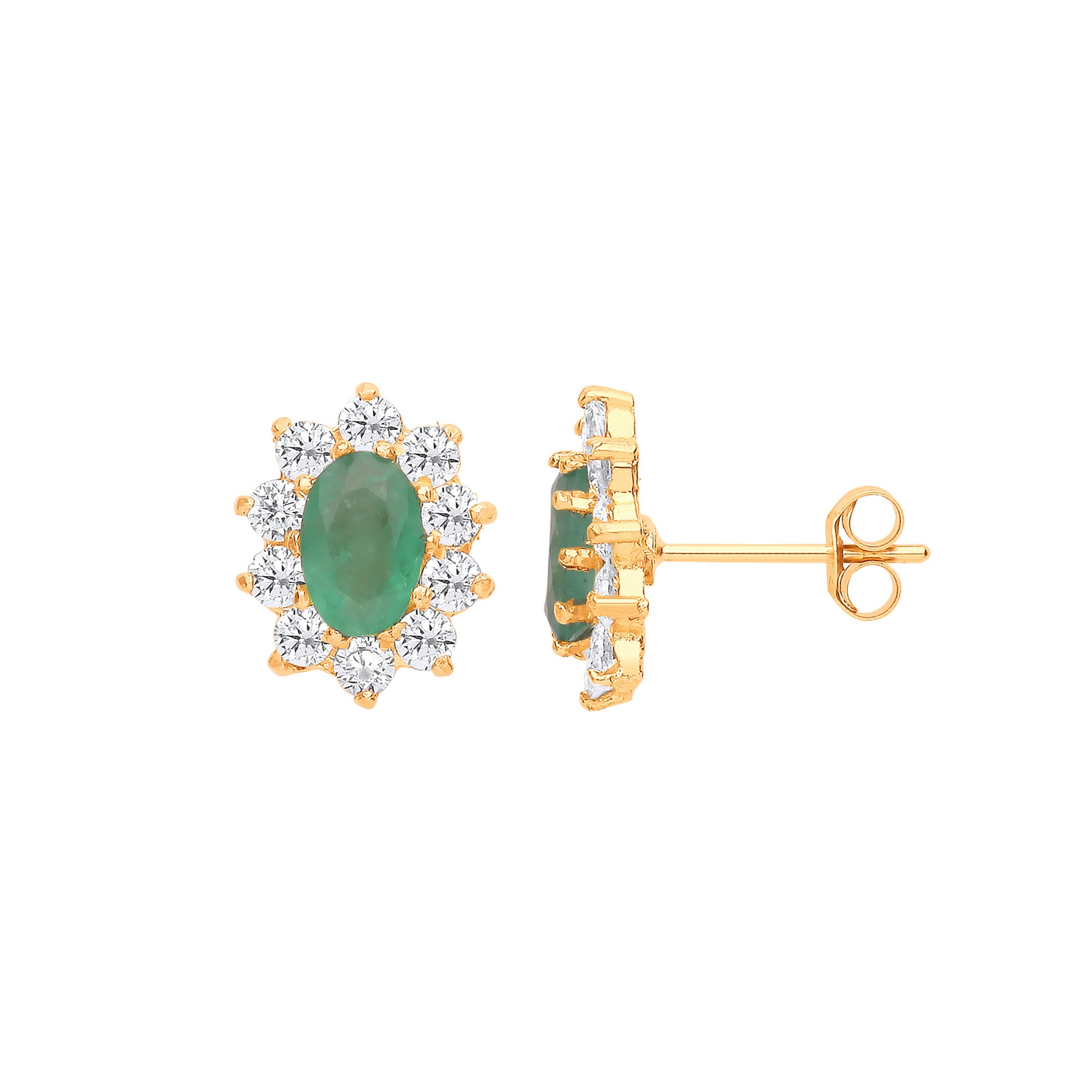 9ct Yellow Gold Emerald & Cubic Zirconias Cluster Studs - 9ct Gold