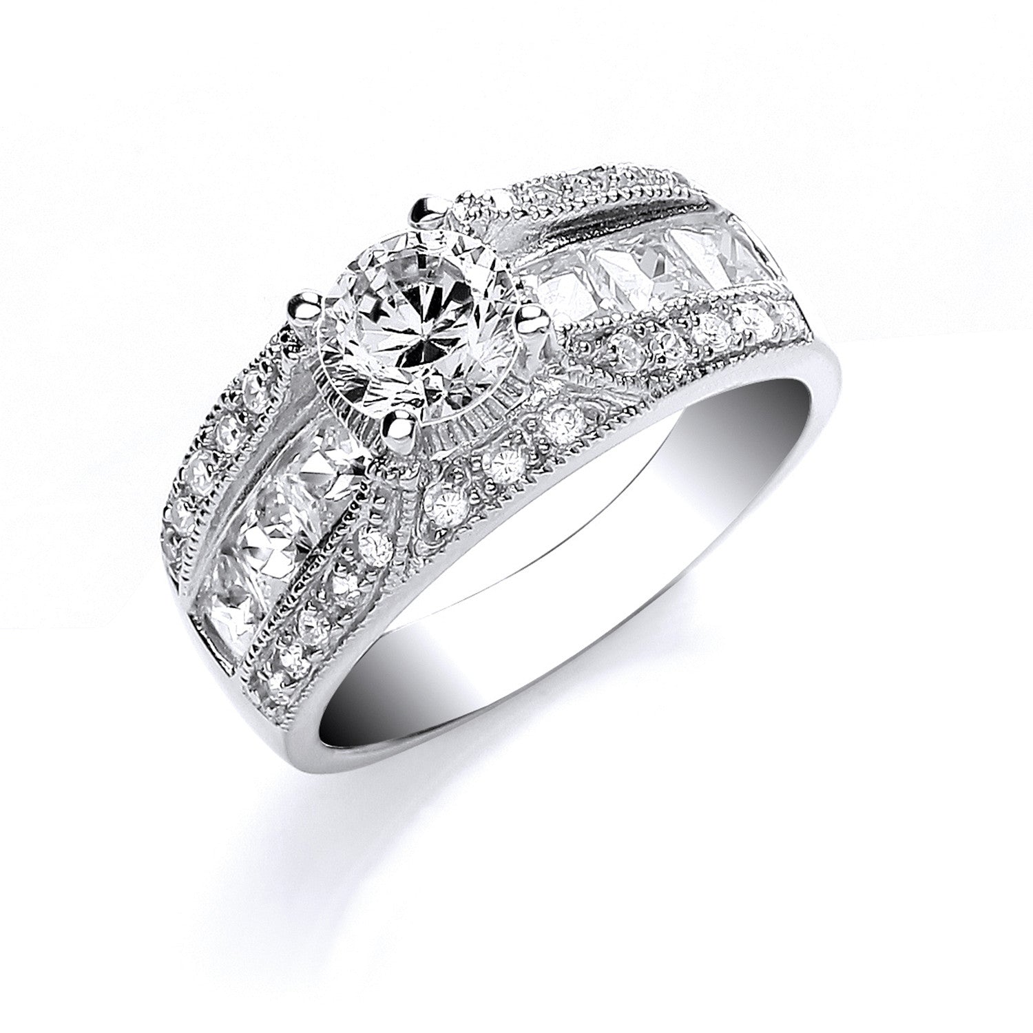 Silver Rd S/S with Princess & Rd Cubic Zirconia on Shld Ring - Silver