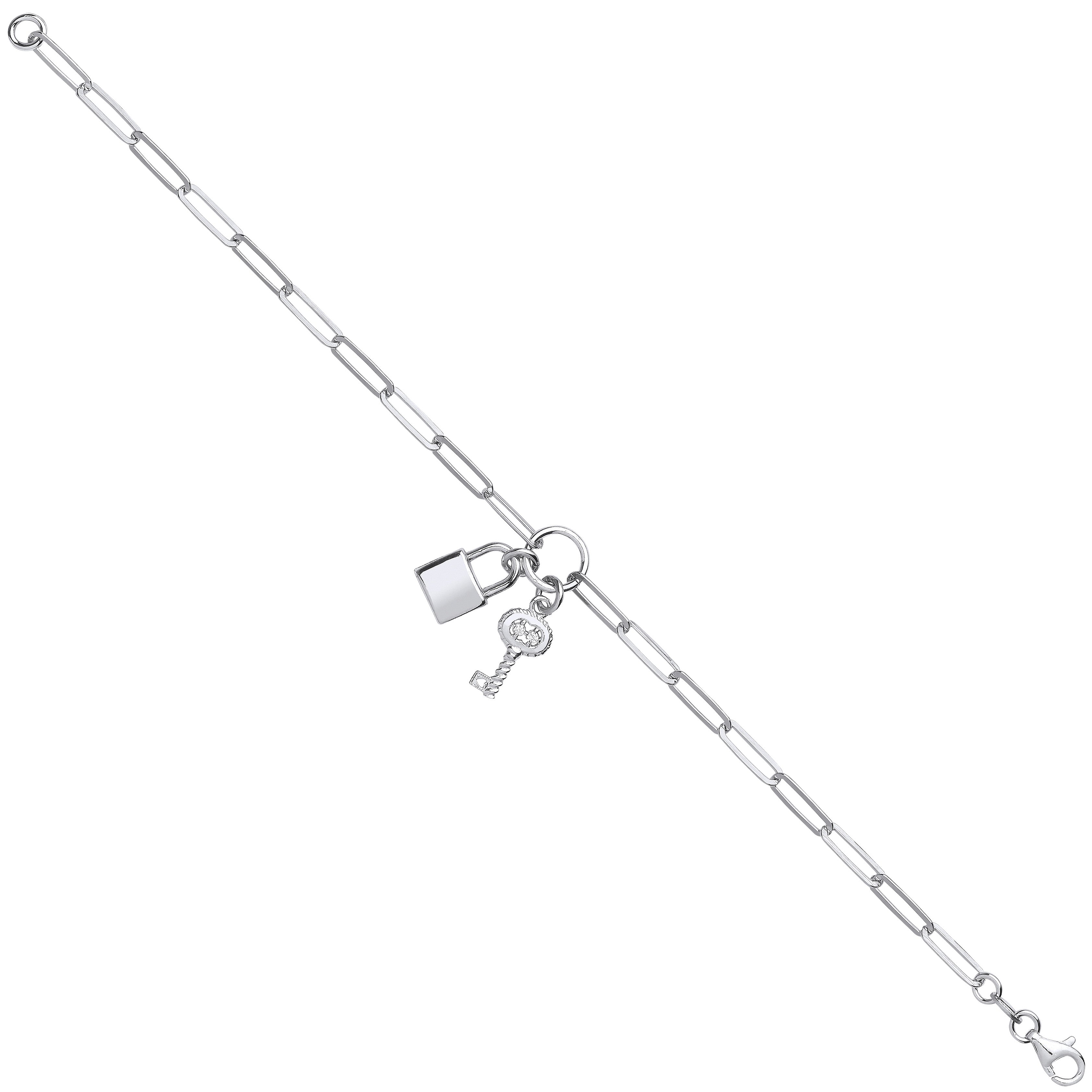 Silver Paper Clip Chain , Padlock & Cubic Zirconia Key Bracelet - Silver