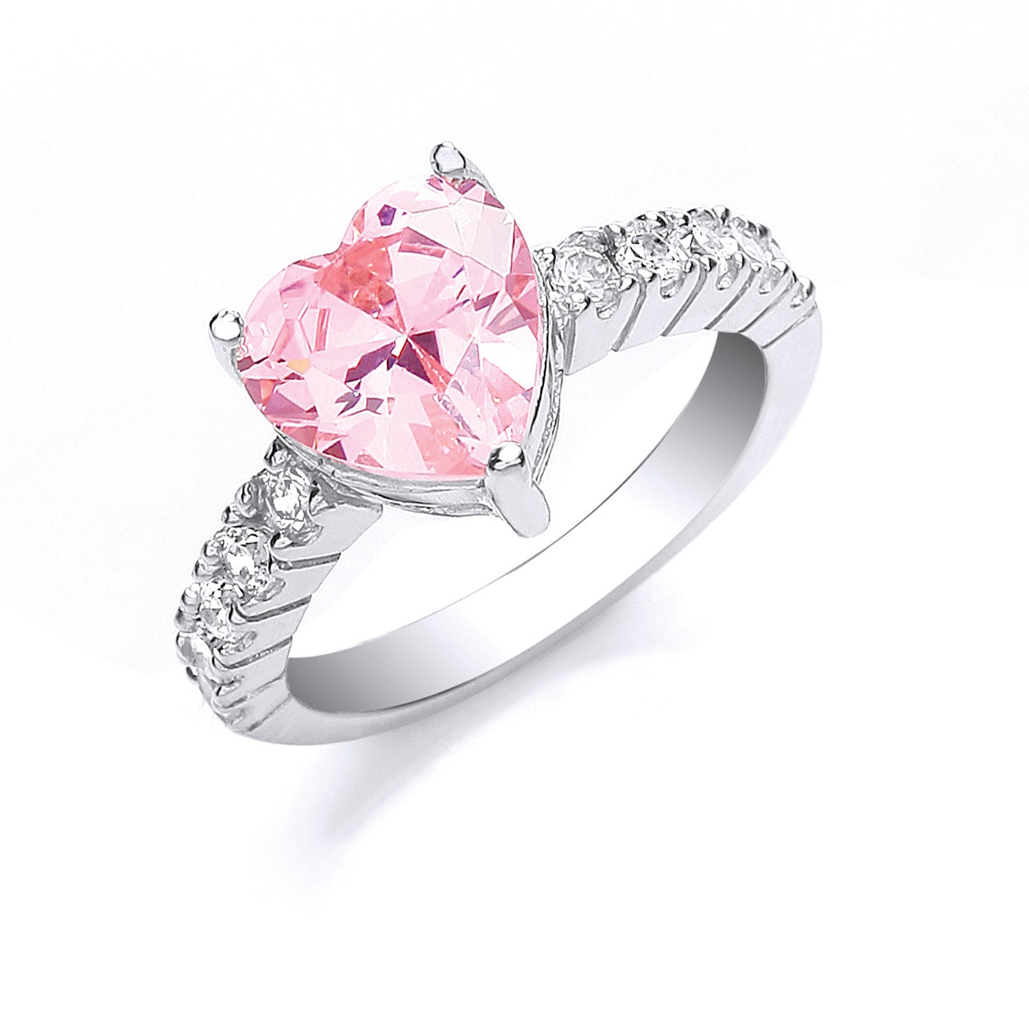 Silver Pink Heart S/S Cubic Zirconia with Cubic Zirconia on Shld Ring - Silver