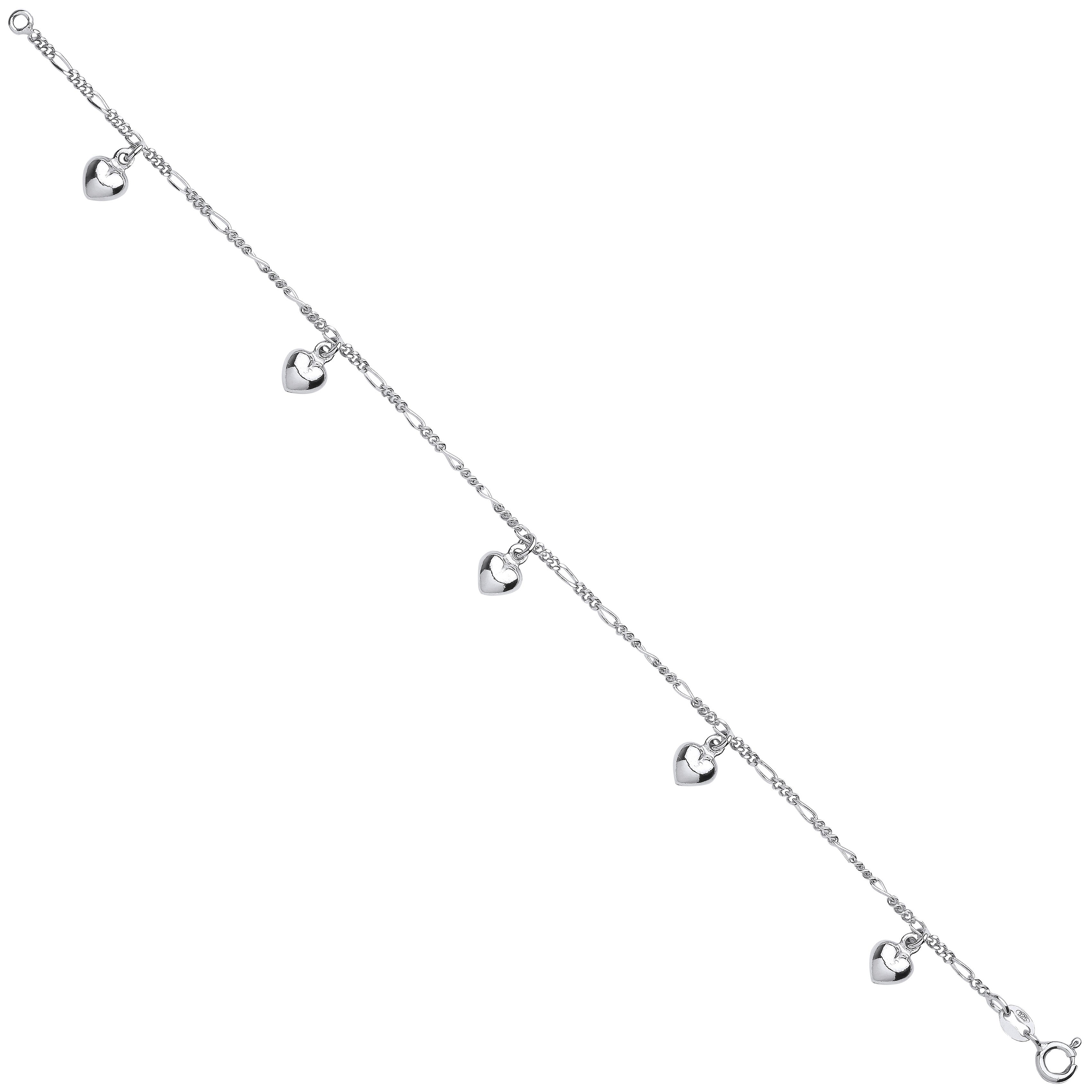 Silver small figaro chain with heart charms bracelet - Silver
