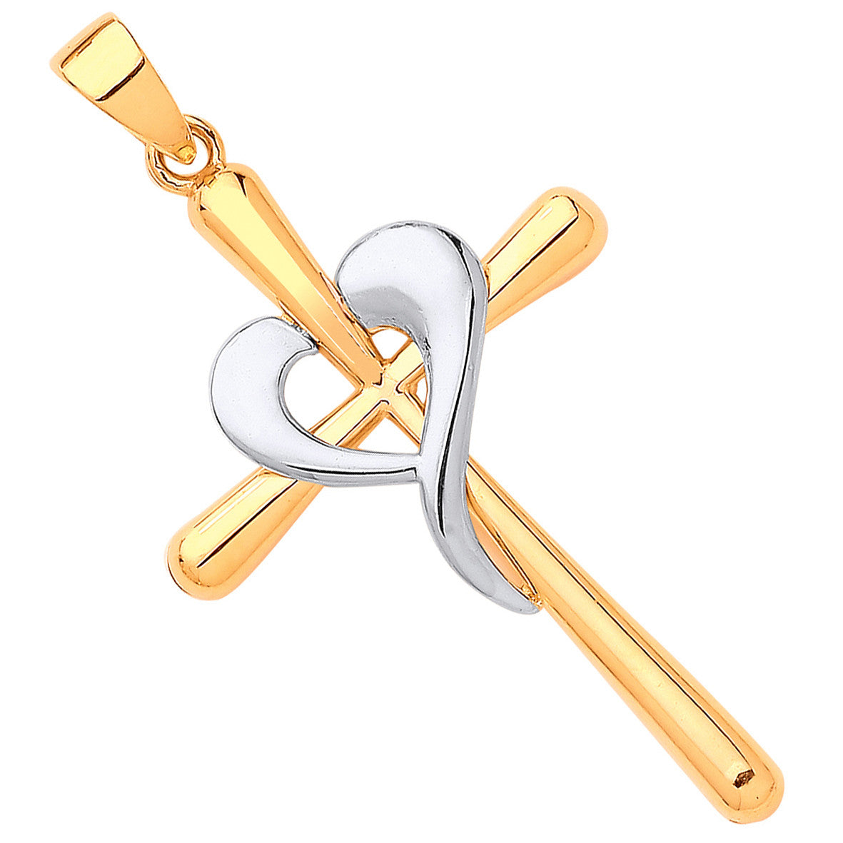 Yellow White Gold Cross Heart Pendant - 9ct Gold