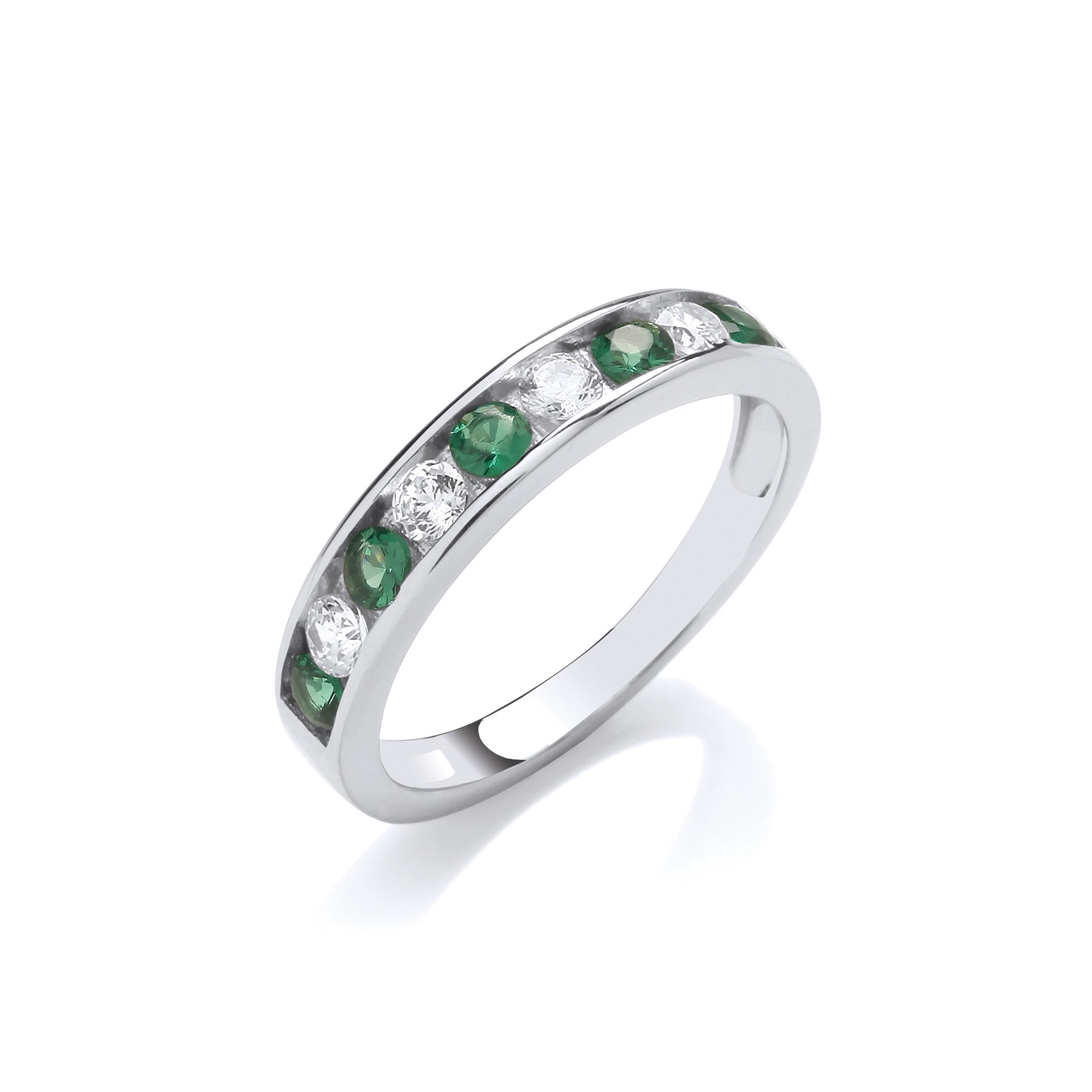Emerald Green & Clear Cubic Zirconia Half ET Silver Ring - Silver