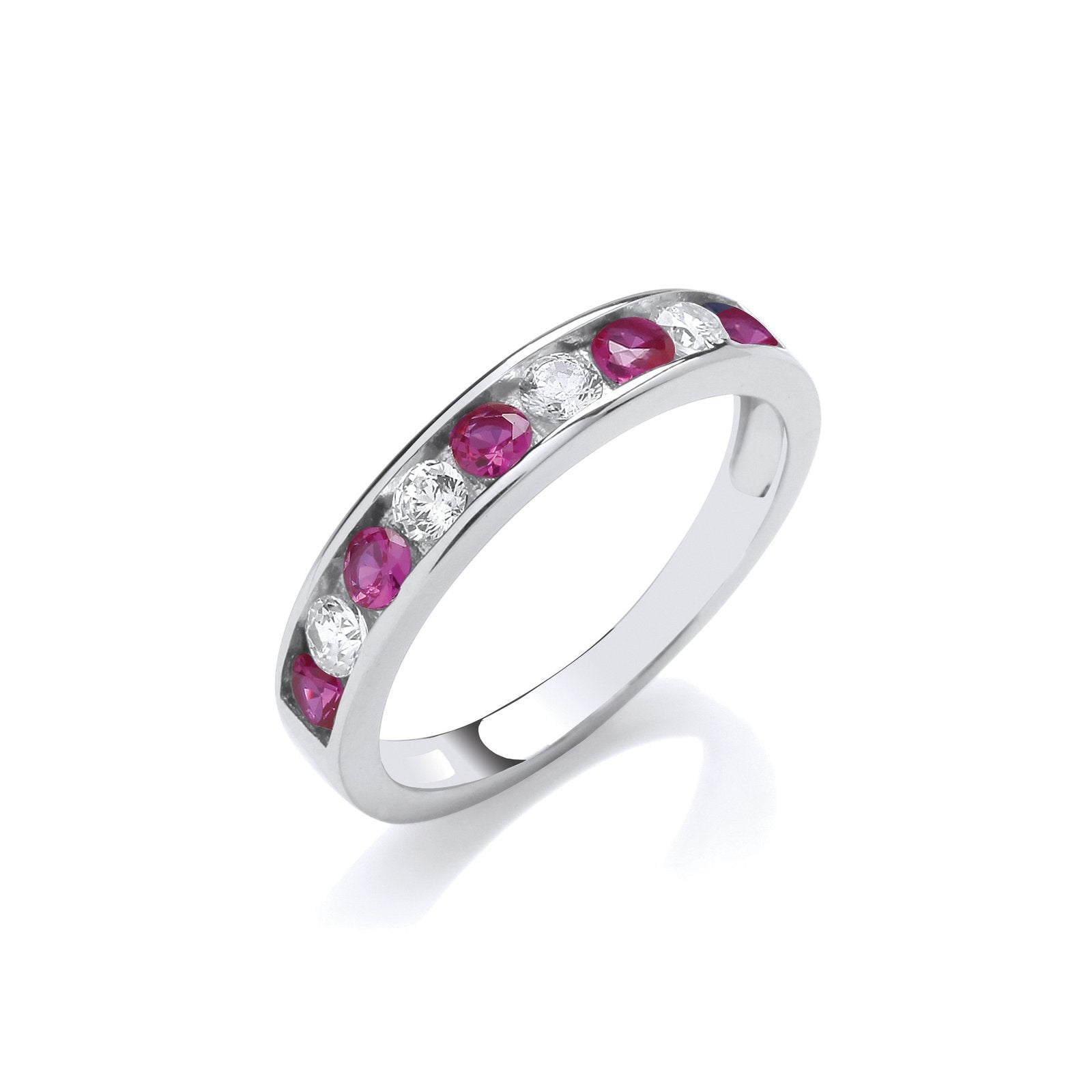 Ruby Red & Clear CZ Half ET Silver Ring