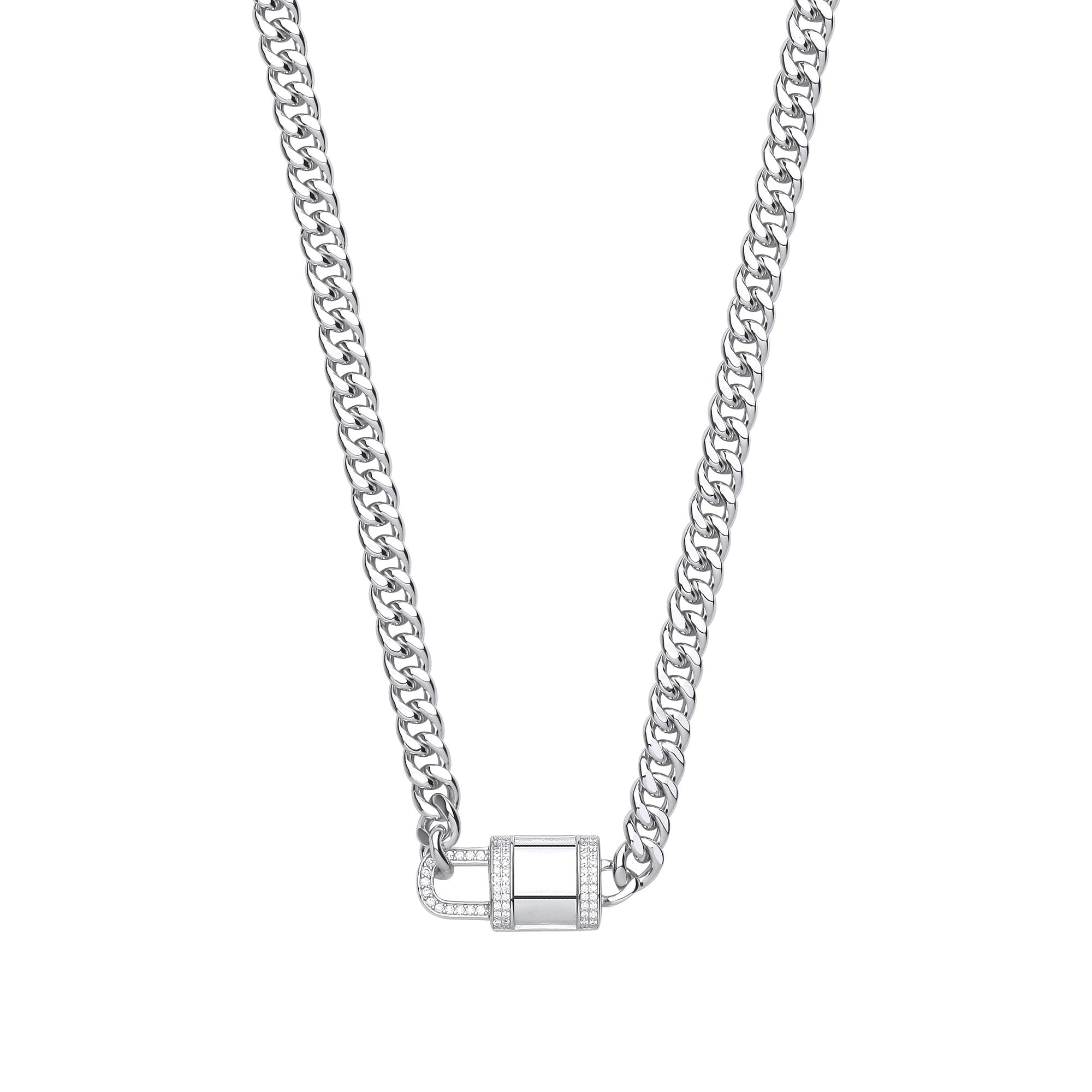 Silver Cubic Zirconia Padlock Choker Necklace - Silver