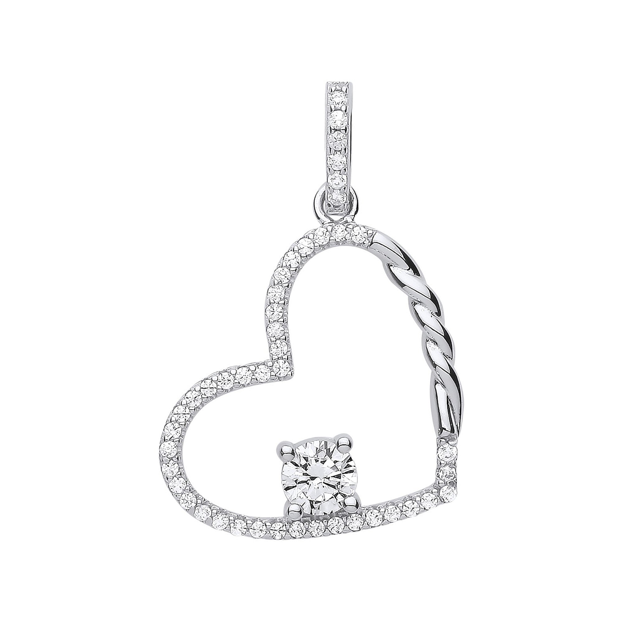 Silver Single Cubic Zirconia Heart Drop Pendant - Silver