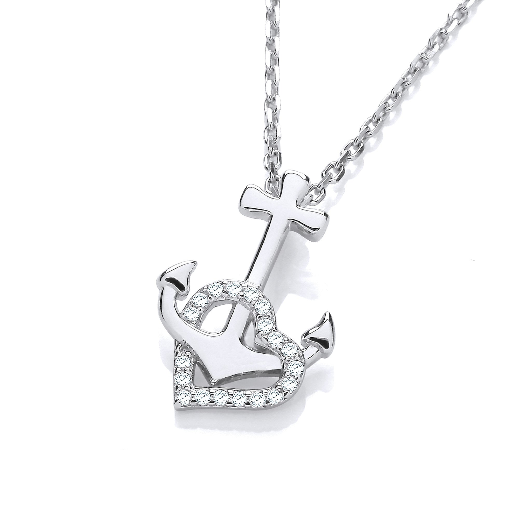 Anchor Cubic Zirconia Heart Pendant with Chain - Silver