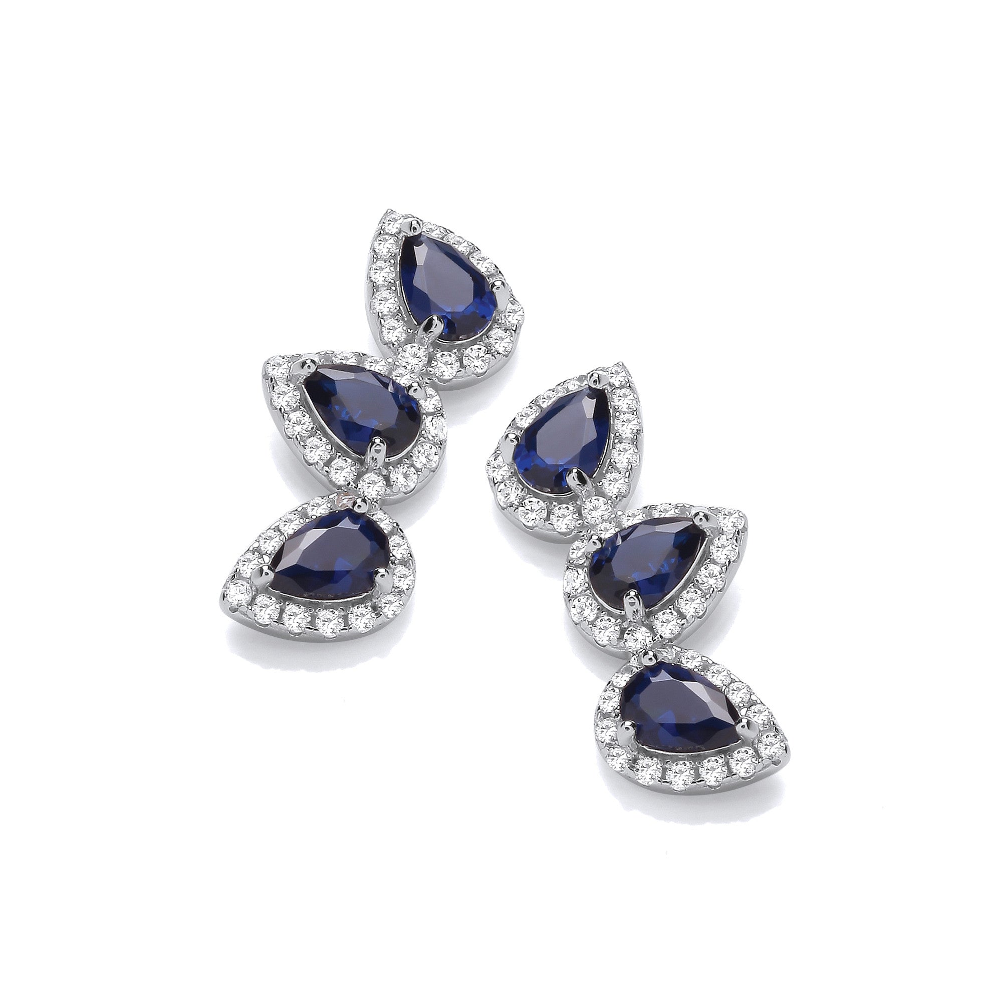 Teardrop Blue Cubic Zirconia Climber Stud Earrings - Silver