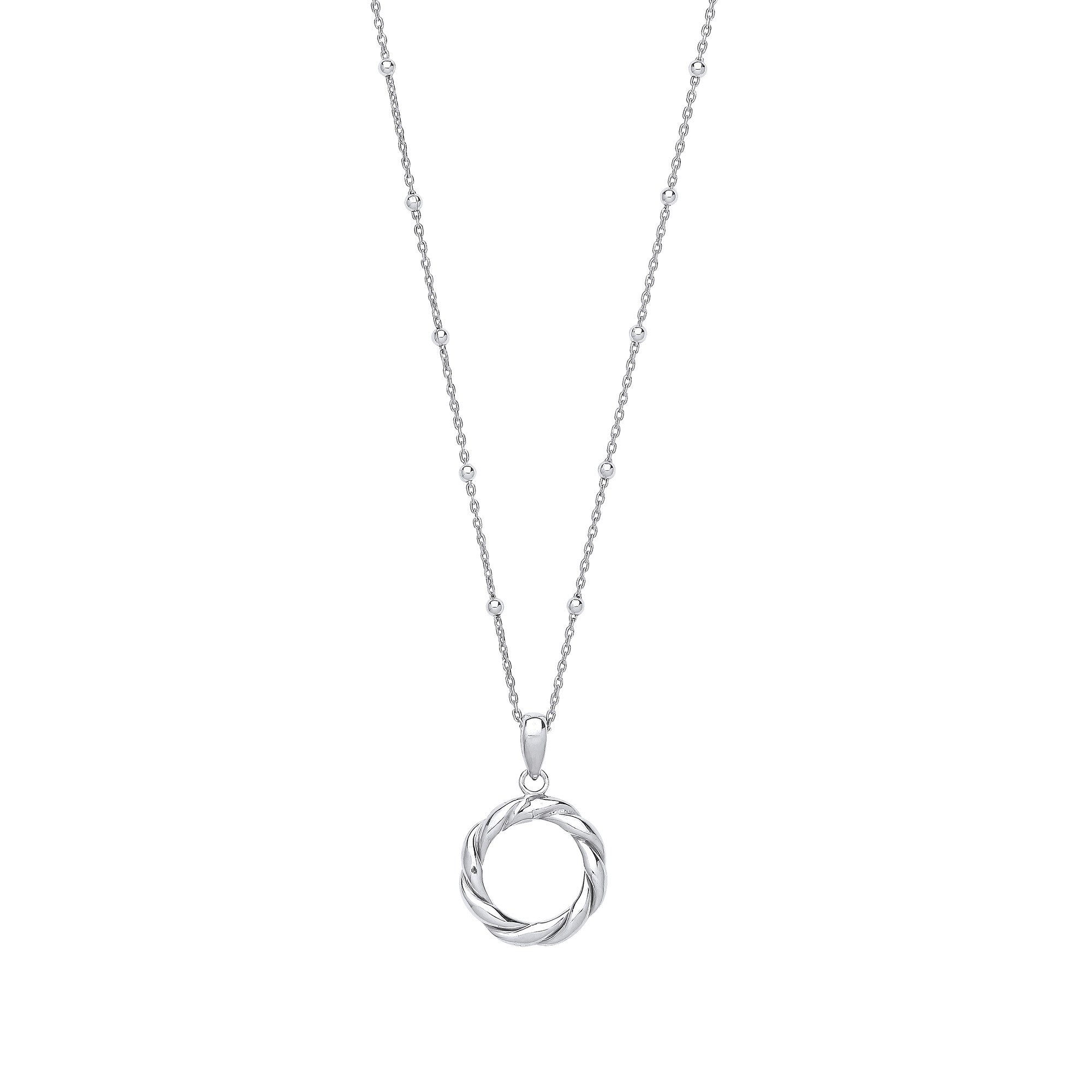 Silver Twisted Circle Of Life Pendant on Beaded Necklace - Silver
