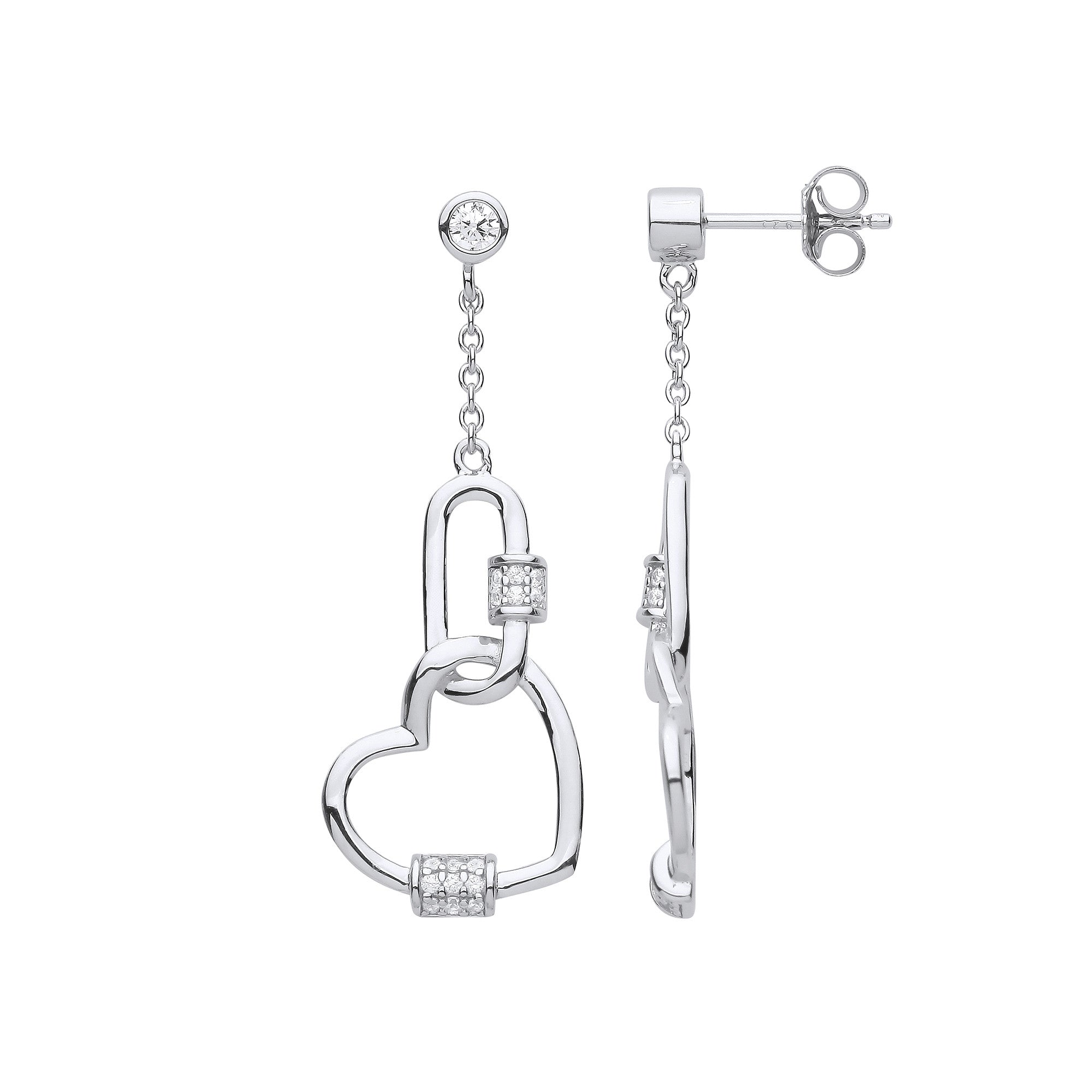 Silver Heart Paper Clip Cubic Zirconia Drop Earrings - Silver